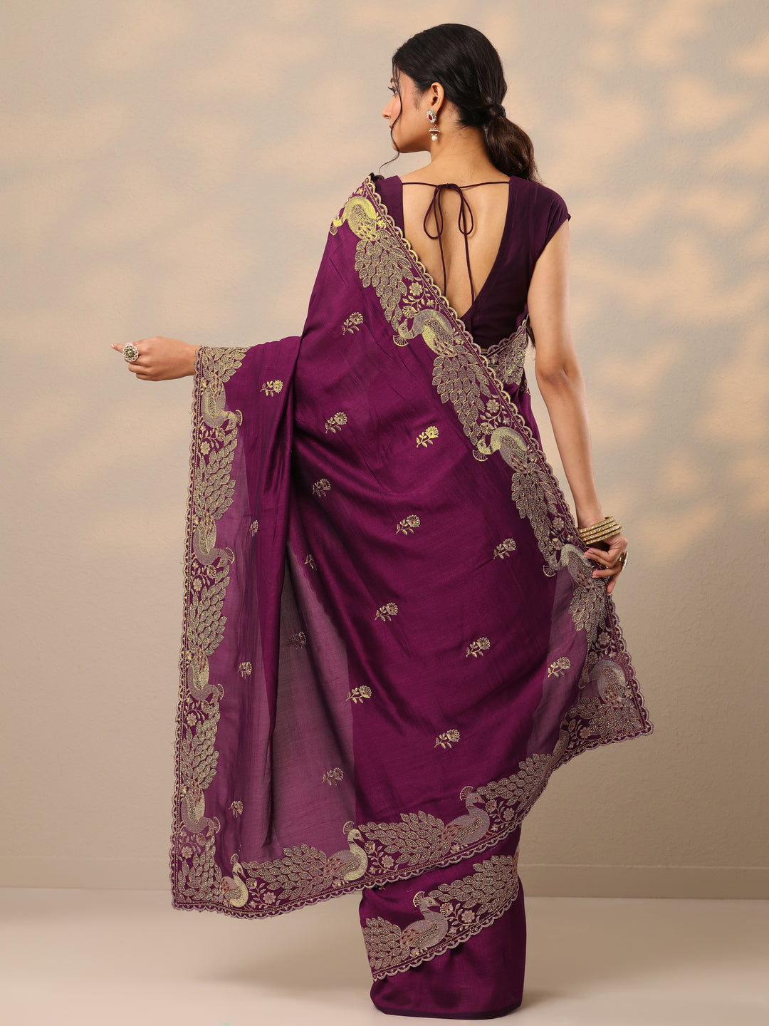  Burgundy Embroidered Silk Blend Sarees With Unstitched Blouse Piece 