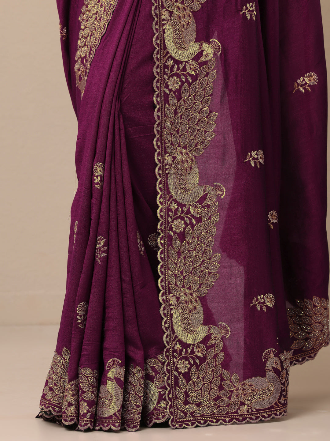  Burgundy Embroidered Silk Blend Sarees With Unstitched Blouse Piece 