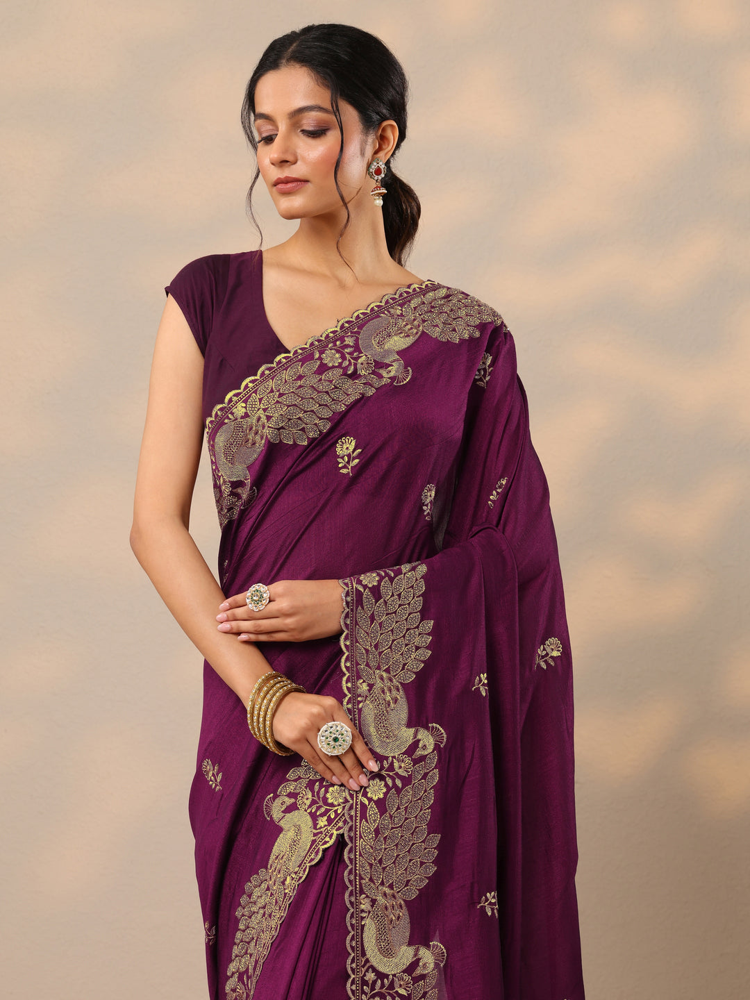  Burgundy Embroidered Silk Blend Sarees With Unstitched Blouse Piece 