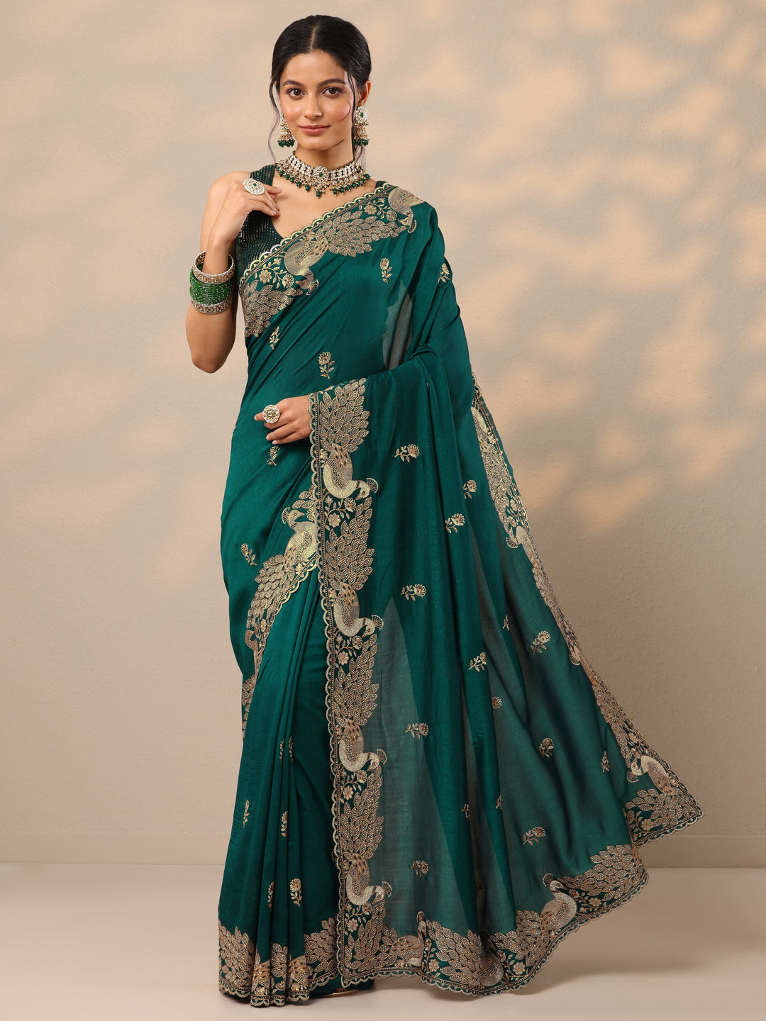 Teal  Embroidered Silk Blend Sarees With Unstitched Blouse Piece