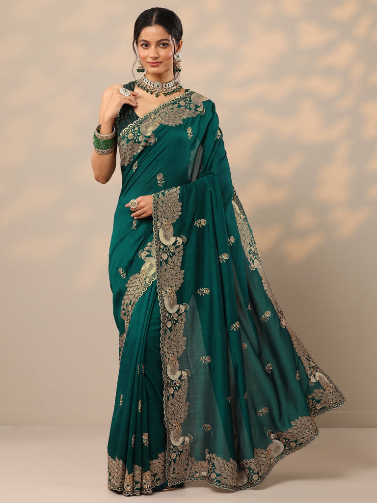 Libas Teal Embroidered Silk Blend Sarees With Unstitched Blouse Piece