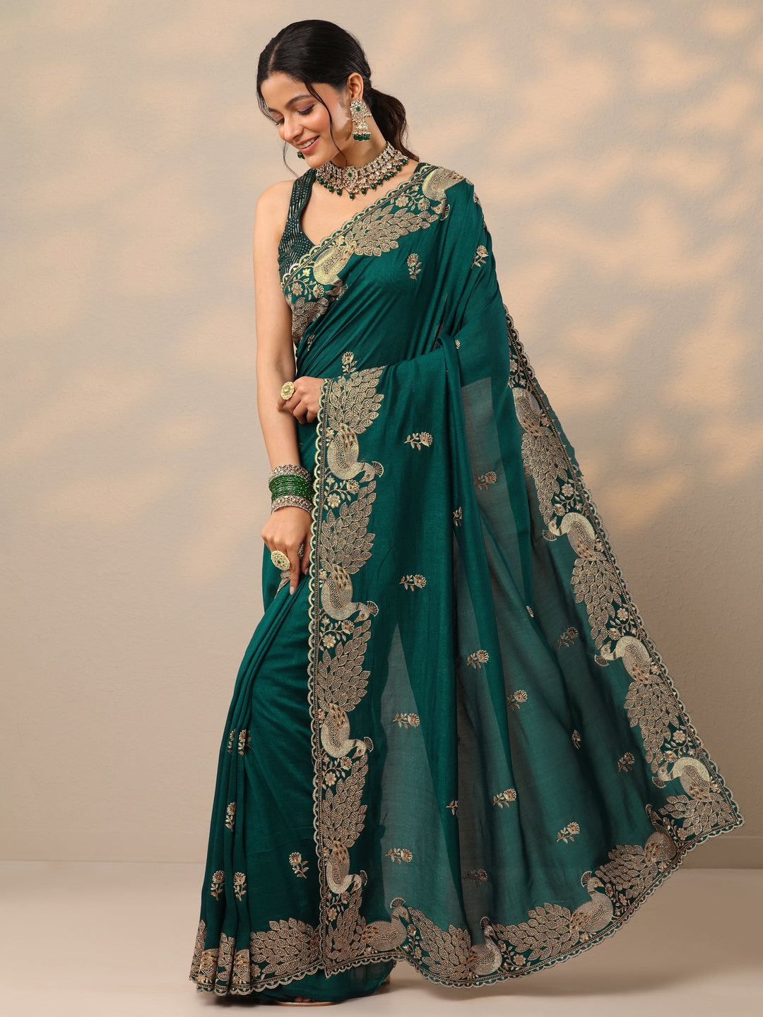  Teal  Embroidered Silk Blend Sarees With Unstitched Blouse Piece 