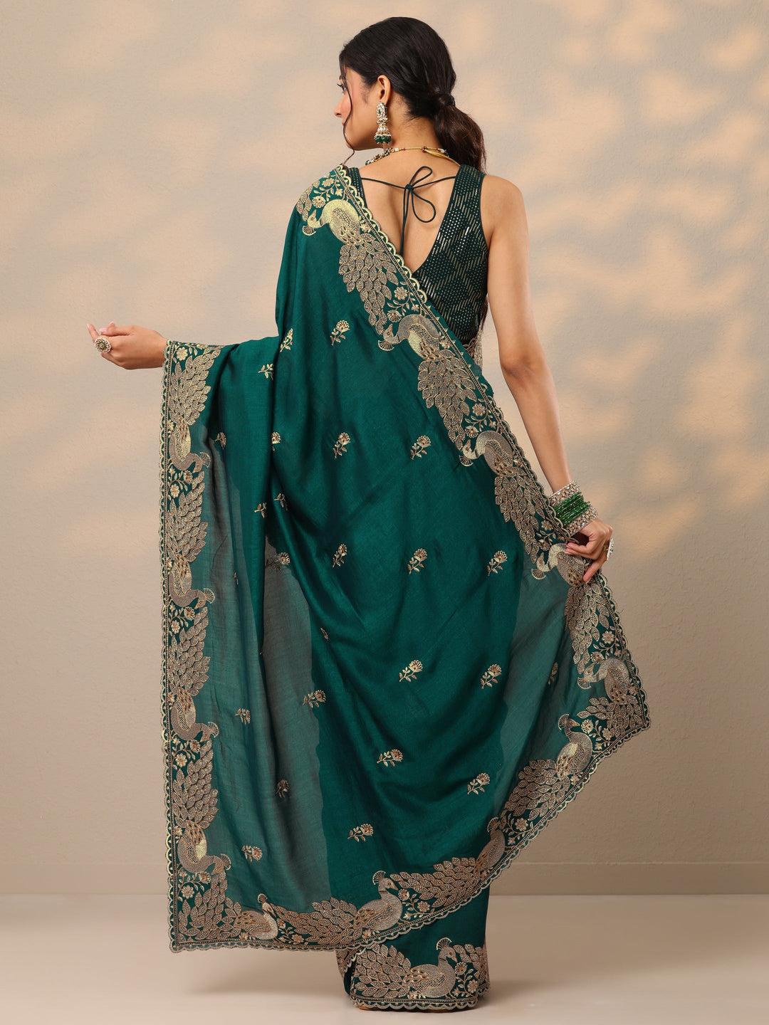  Teal  Embroidered Silk Blend Sarees With Unstitched Blouse Piece 