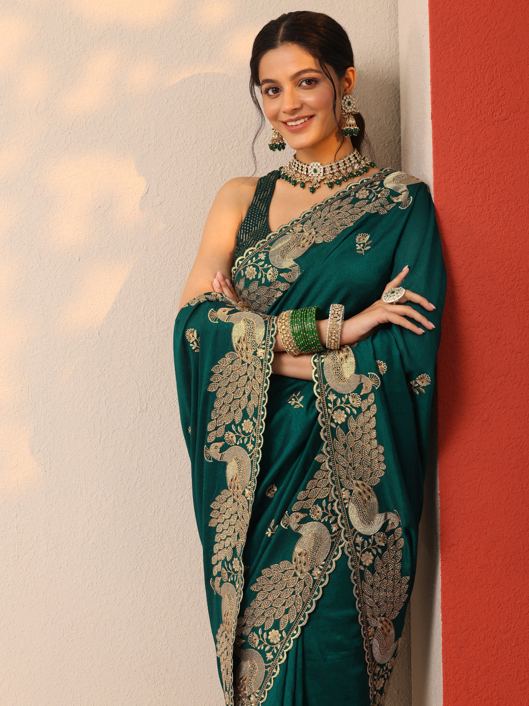  Teal  Embroidered Silk Blend Sarees With Unstitched Blouse Piece 