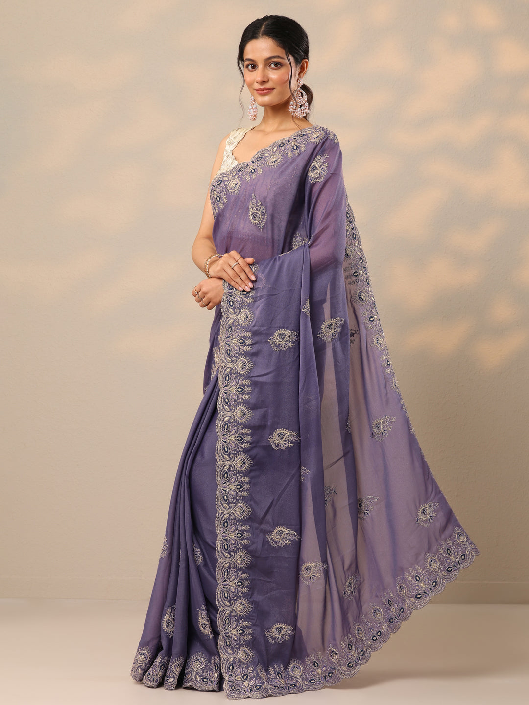  Purple Embroidered Silk Blend Sarees With Unstitched Blouse Piece 