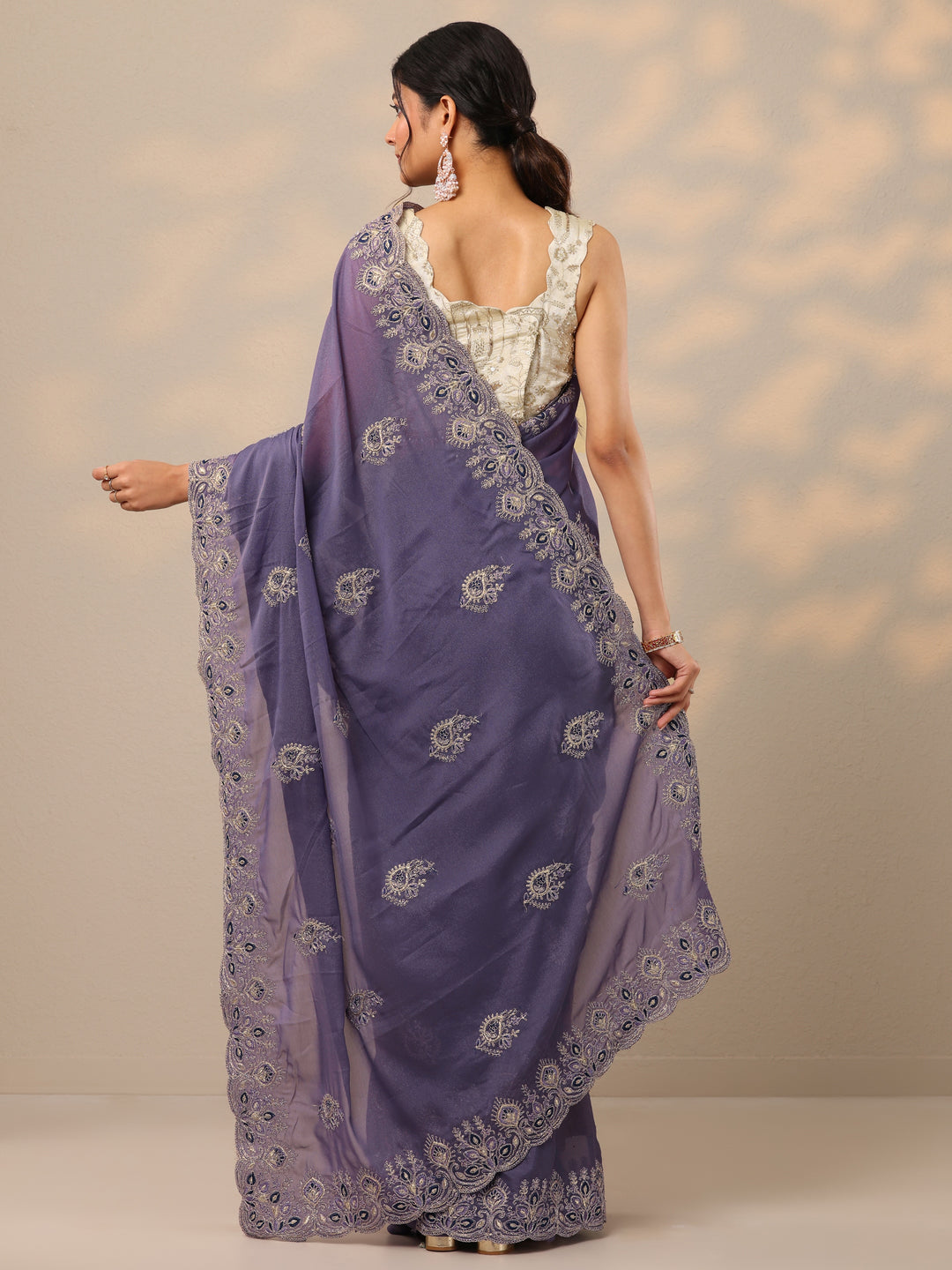  Purple Embroidered Silk Blend Sarees With Unstitched Blouse Piece 
