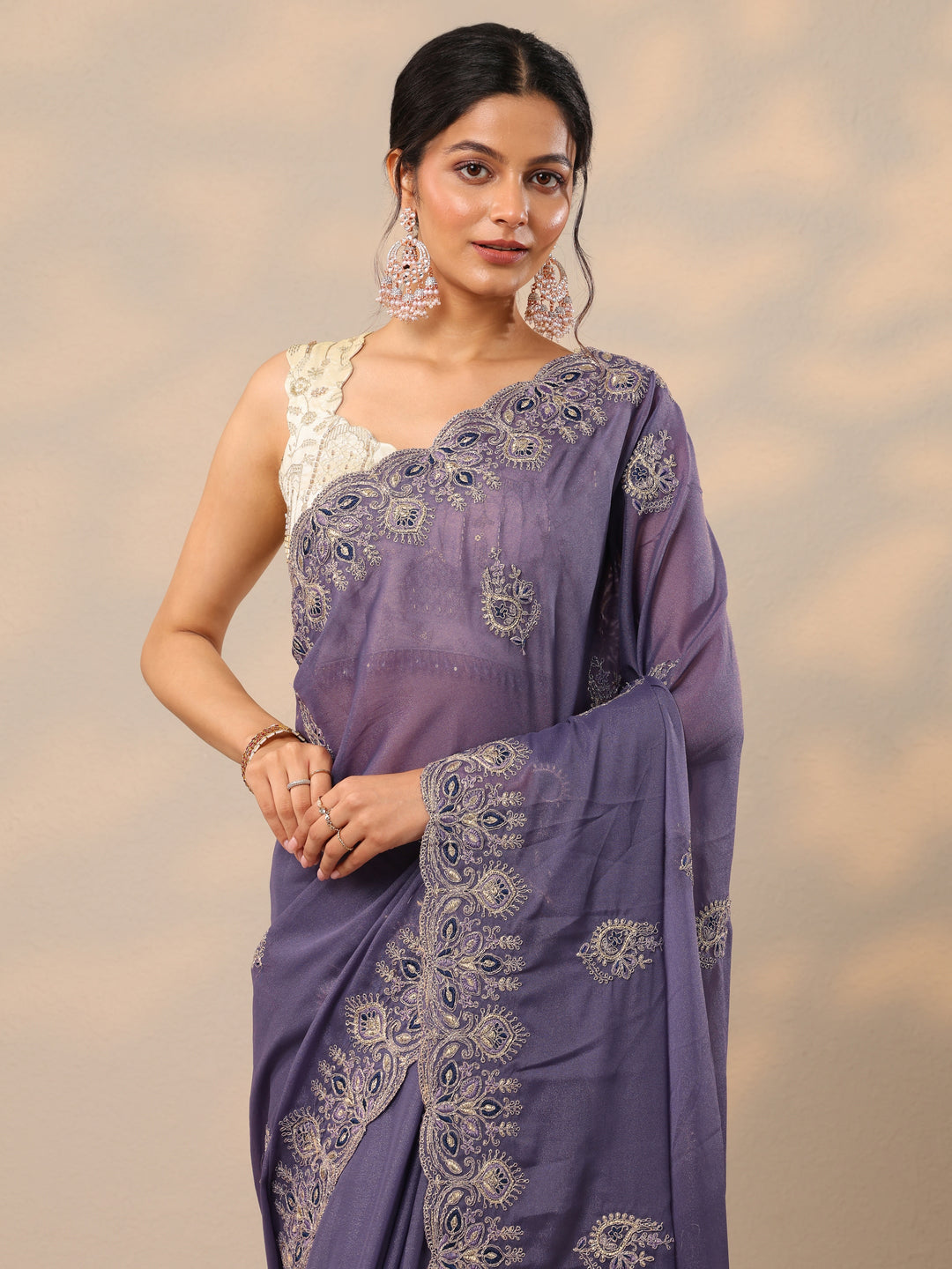  Purple Embroidered Silk Blend Sarees With Unstitched Blouse Piece 