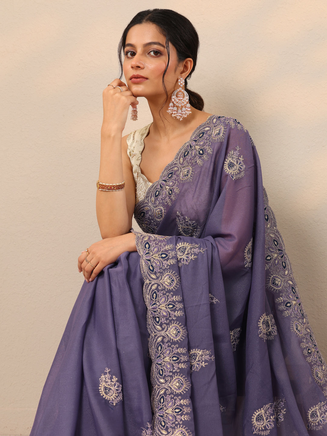  Purple Embroidered Silk Blend Sarees With Unstitched Blouse Piece 
