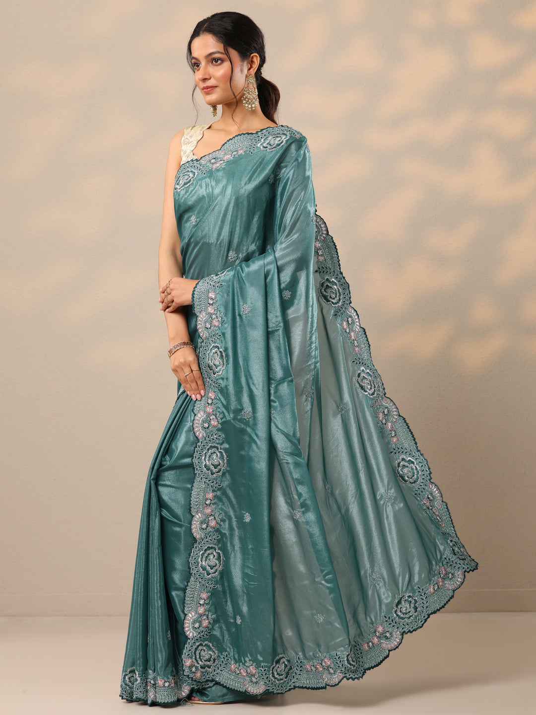  Blue Embroidered Silk Blend Sarees With Unstitched Blouse Piece 