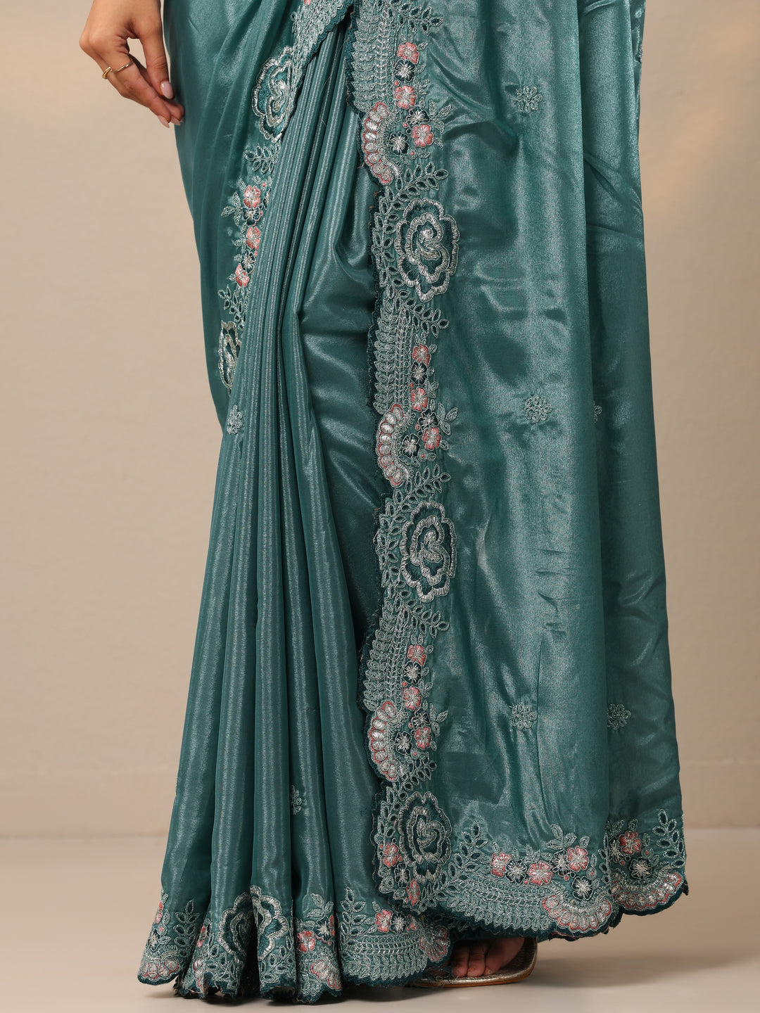  Blue Embroidered Silk Blend Sarees With Unstitched Blouse Piece 