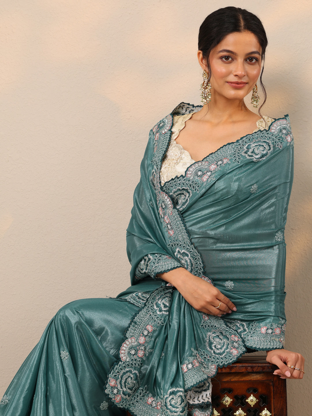  Blue Embroidered Silk Blend Sarees With Unstitched Blouse Piece 