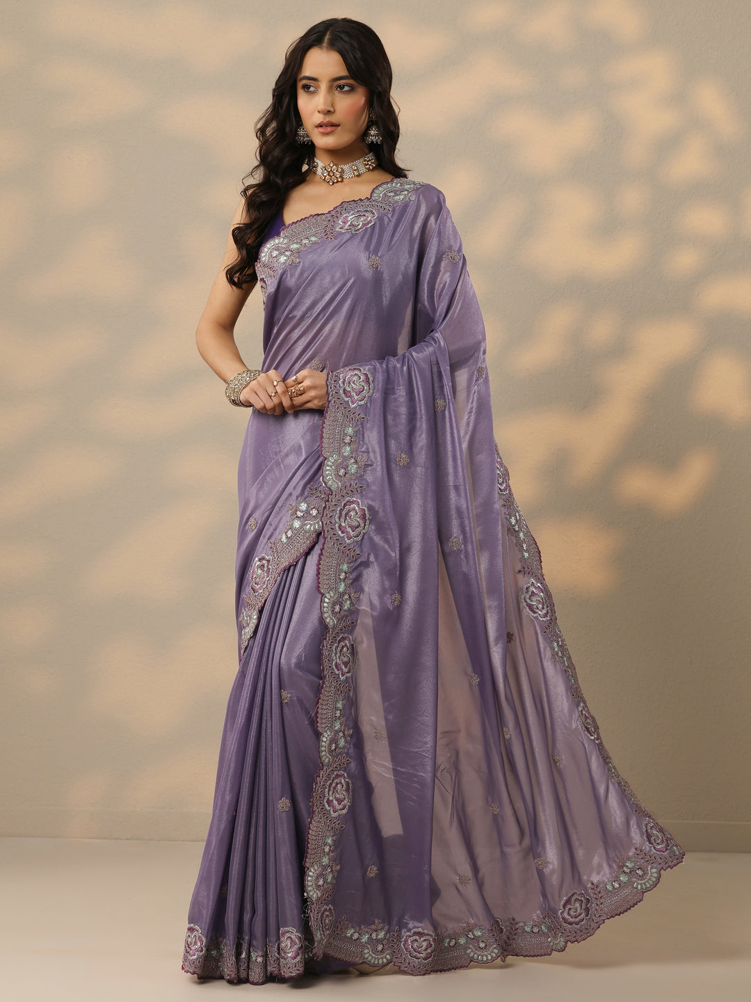  Lavender Embroidered Silk Blend Saree With Unstitched Blouse Piece 