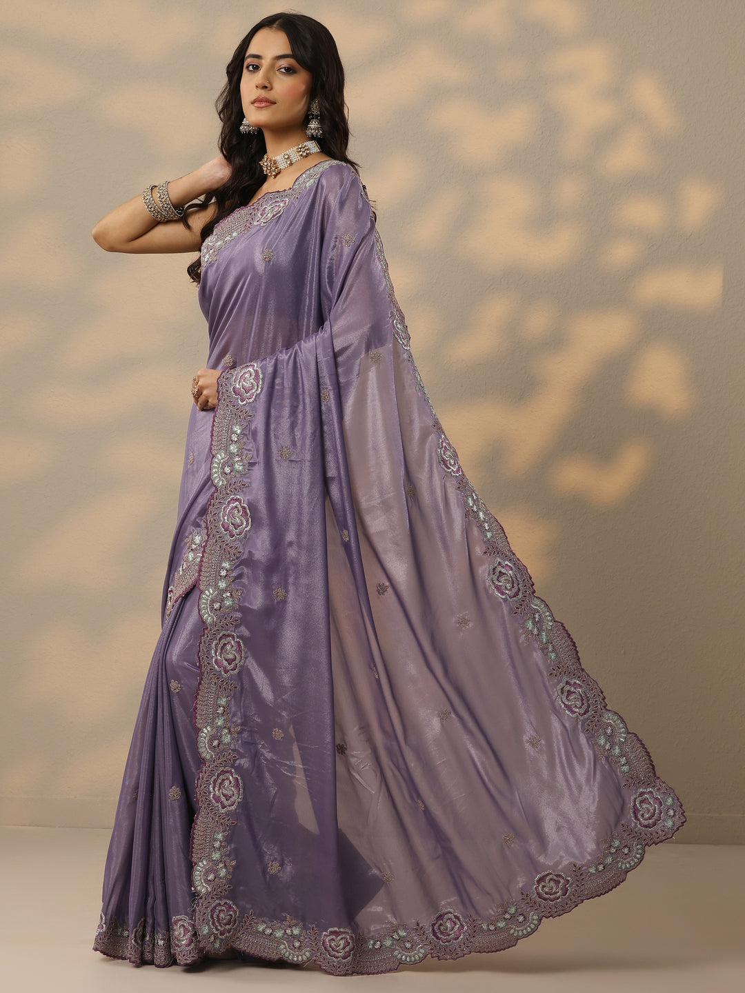  Lavender Embroidered Silk Blend Saree With Unstitched Blouse Piece 