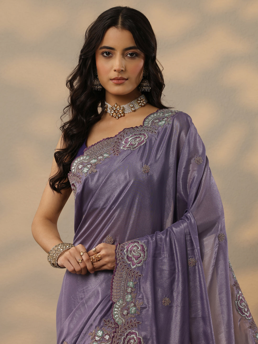  Lavender Embroidered Silk Blend Saree With Unstitched Blouse Piece 