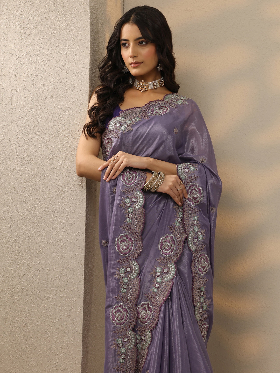  Lavender Embroidered Silk Blend Saree With Unstitched Blouse Piece 