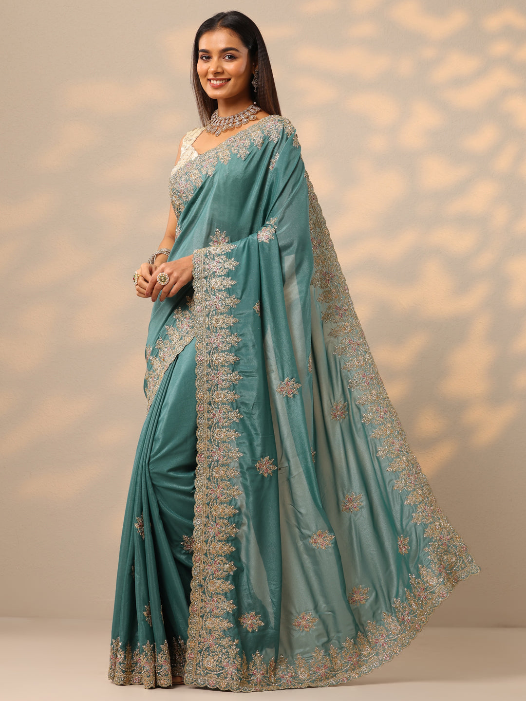  Blue Embroidered Silk Blend Saree With Unstitched Blouse Piece 