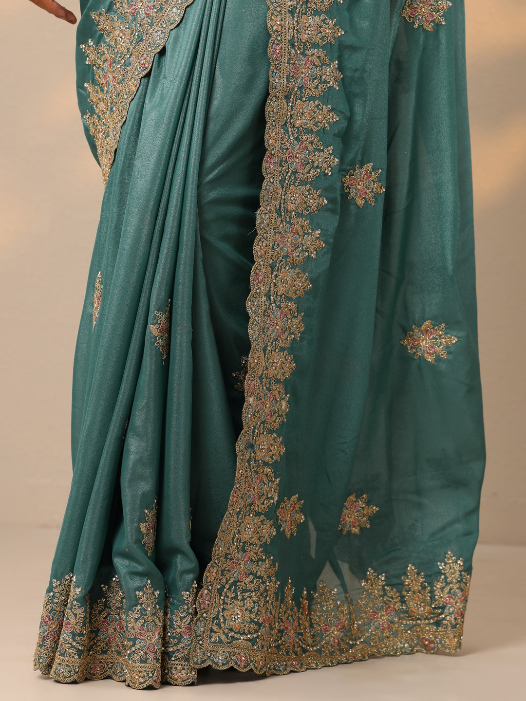  Blue Embroidered Silk Blend Saree With Unstitched Blouse Piece 