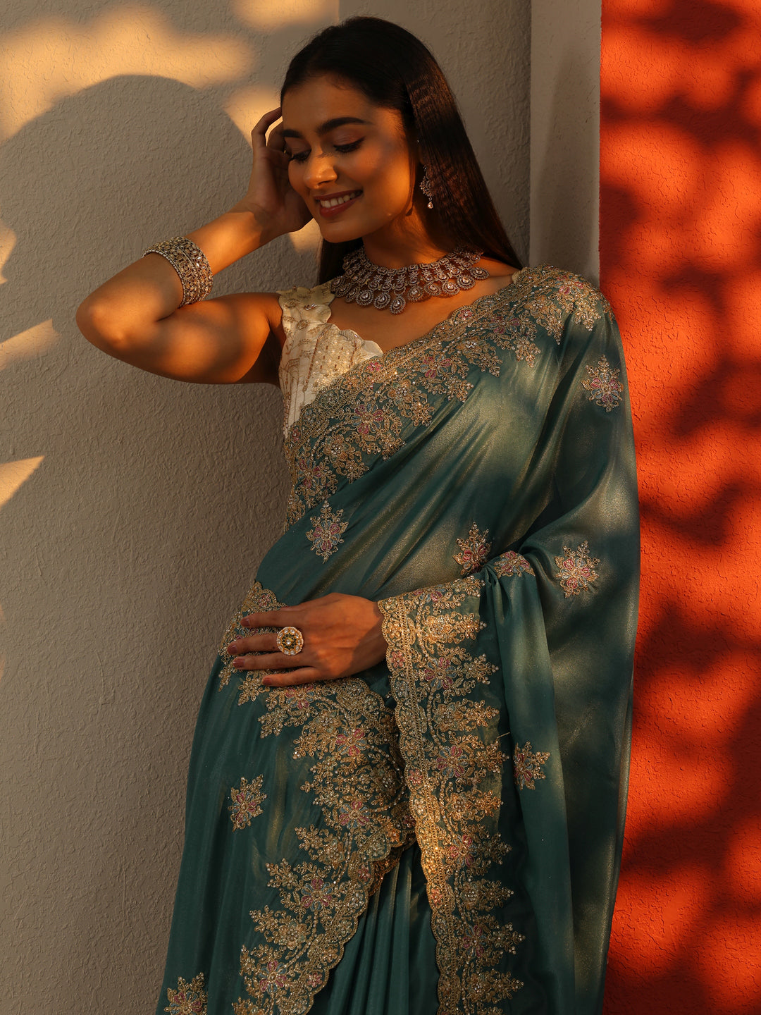  Blue Embroidered Silk Blend Saree With Unstitched Blouse Piece 