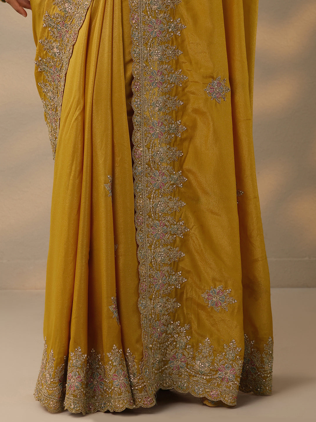  Mustard Embroidered Silk Blend Saree With Unstitched Blouse Piece 