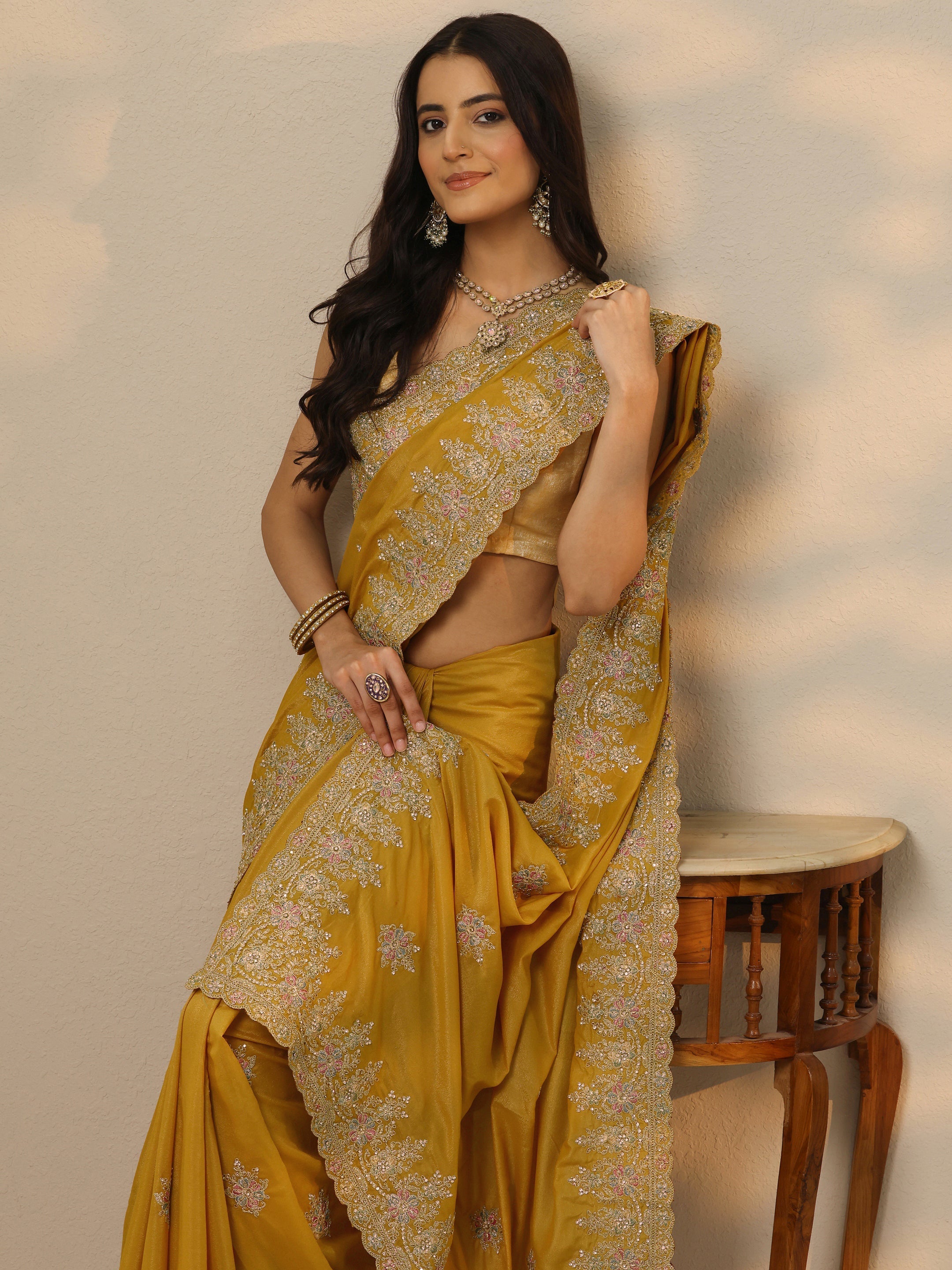 Mustard Embroidered Silk Blend Saree With Unstitched Blouse Piece-image-47