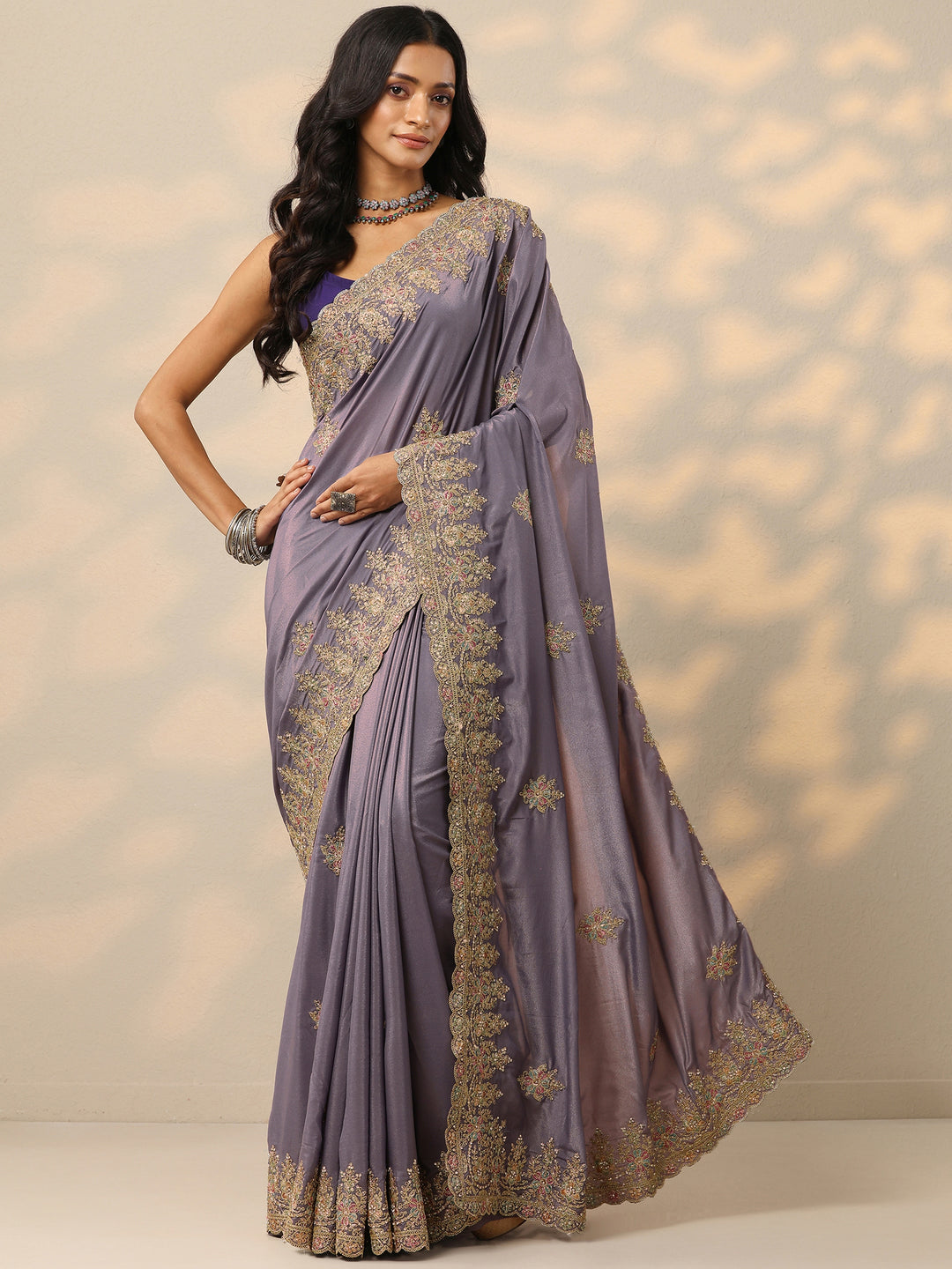  Lavender Embroidered Silk Blend Saree With Unstitched Blouse Piece 