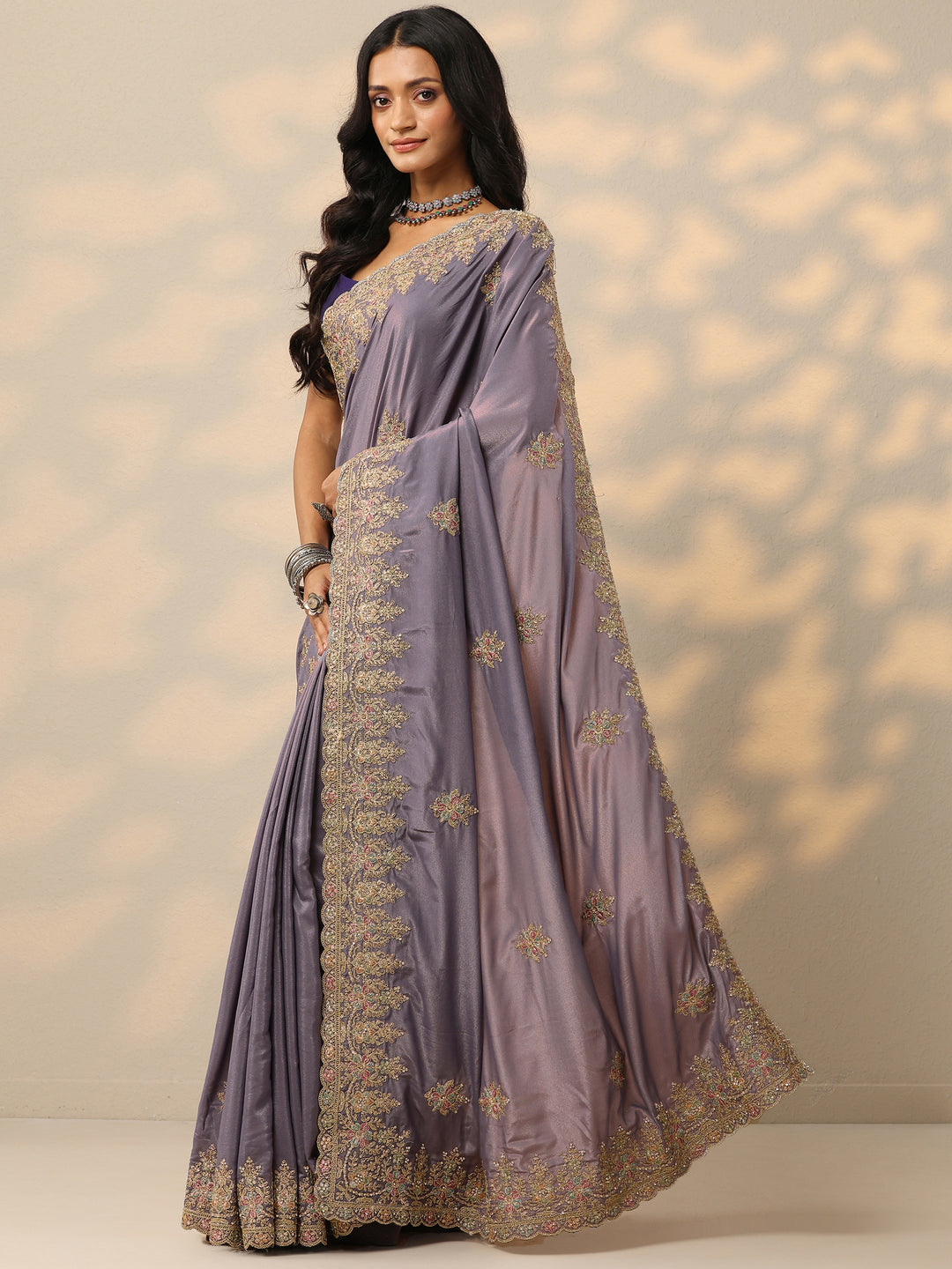  Lavender Embroidered Silk Blend Saree With Unstitched Blouse Piece 