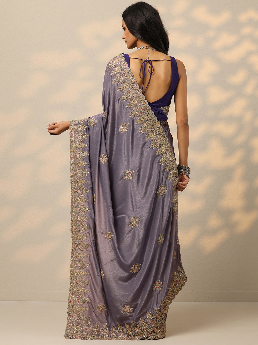  Lavender Embroidered Silk Blend Saree With Unstitched Blouse Piece 