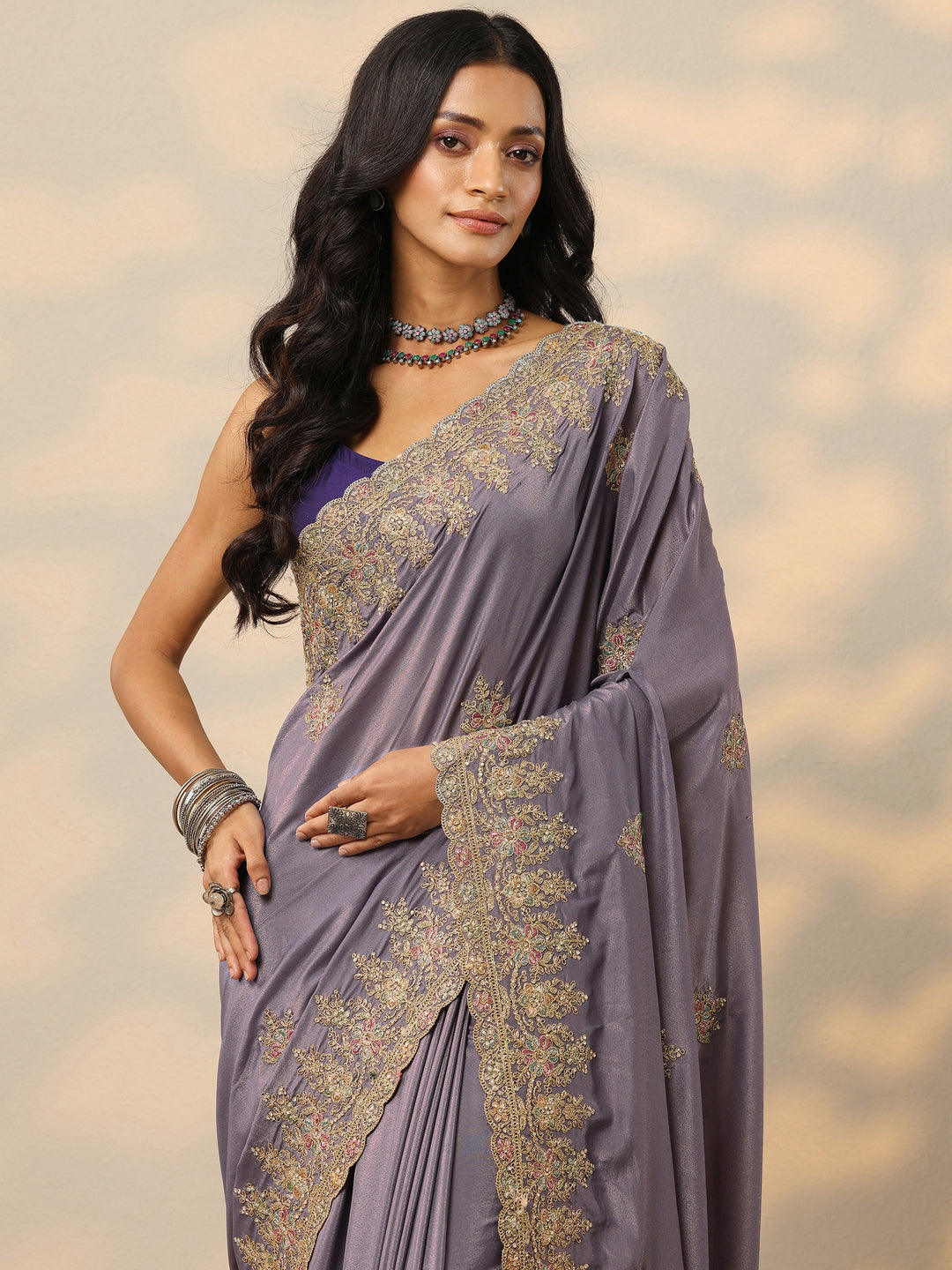  Lavender Embroidered Silk Blend Saree With Unstitched Blouse Piece 