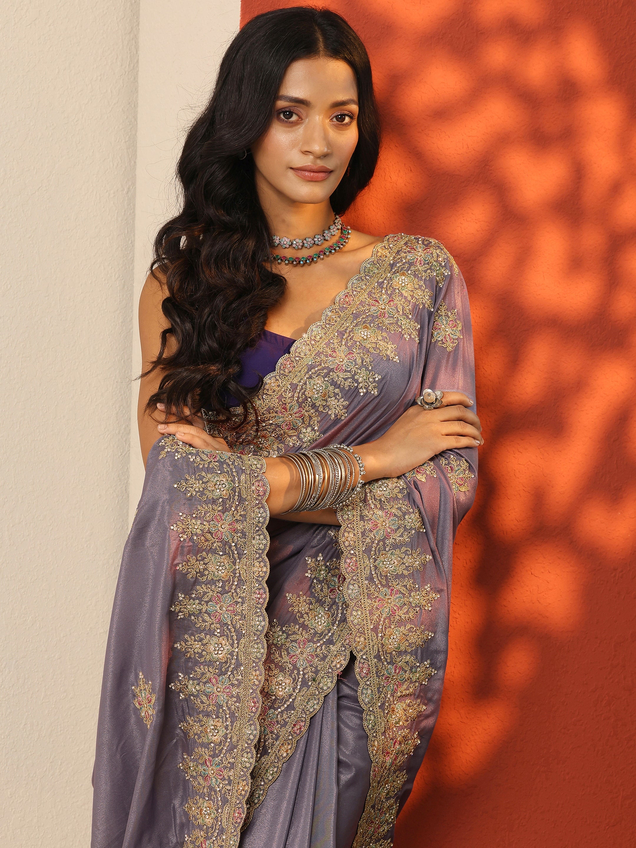 libas Lavender Embroidered Silk Blend Saree With Unstitched Blouse Piece-picture-32