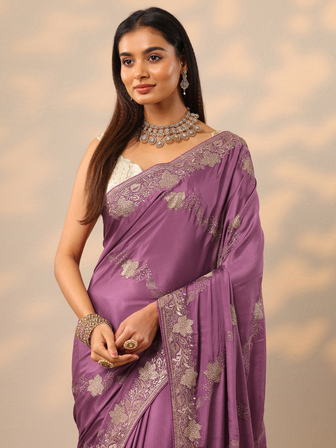  Mauve Embroidered Silk blend Saree With Unstitched Blouse Piece 