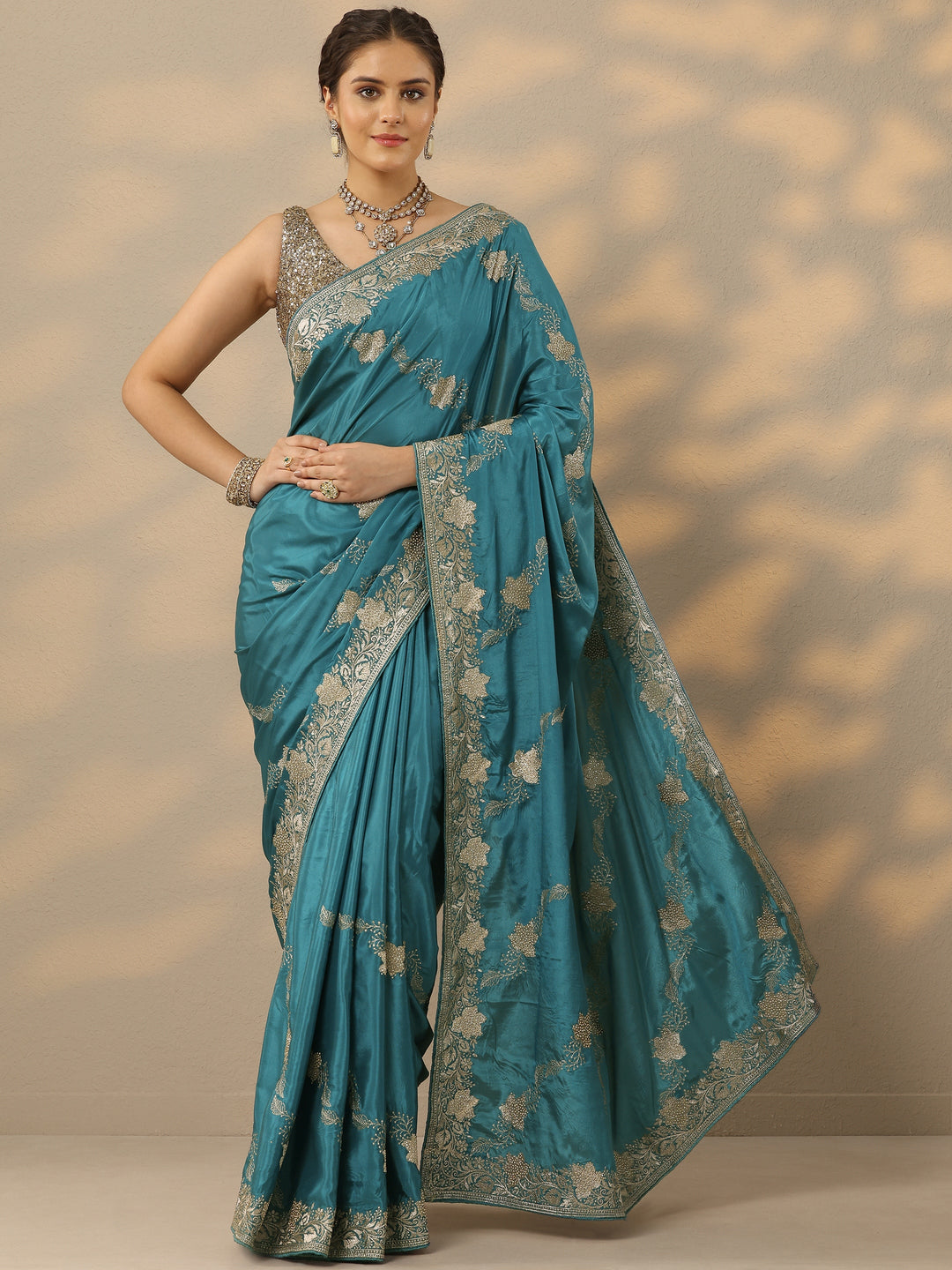  Blue Embroidered Silk Blend Saree With Unstitched Blouse Piece 