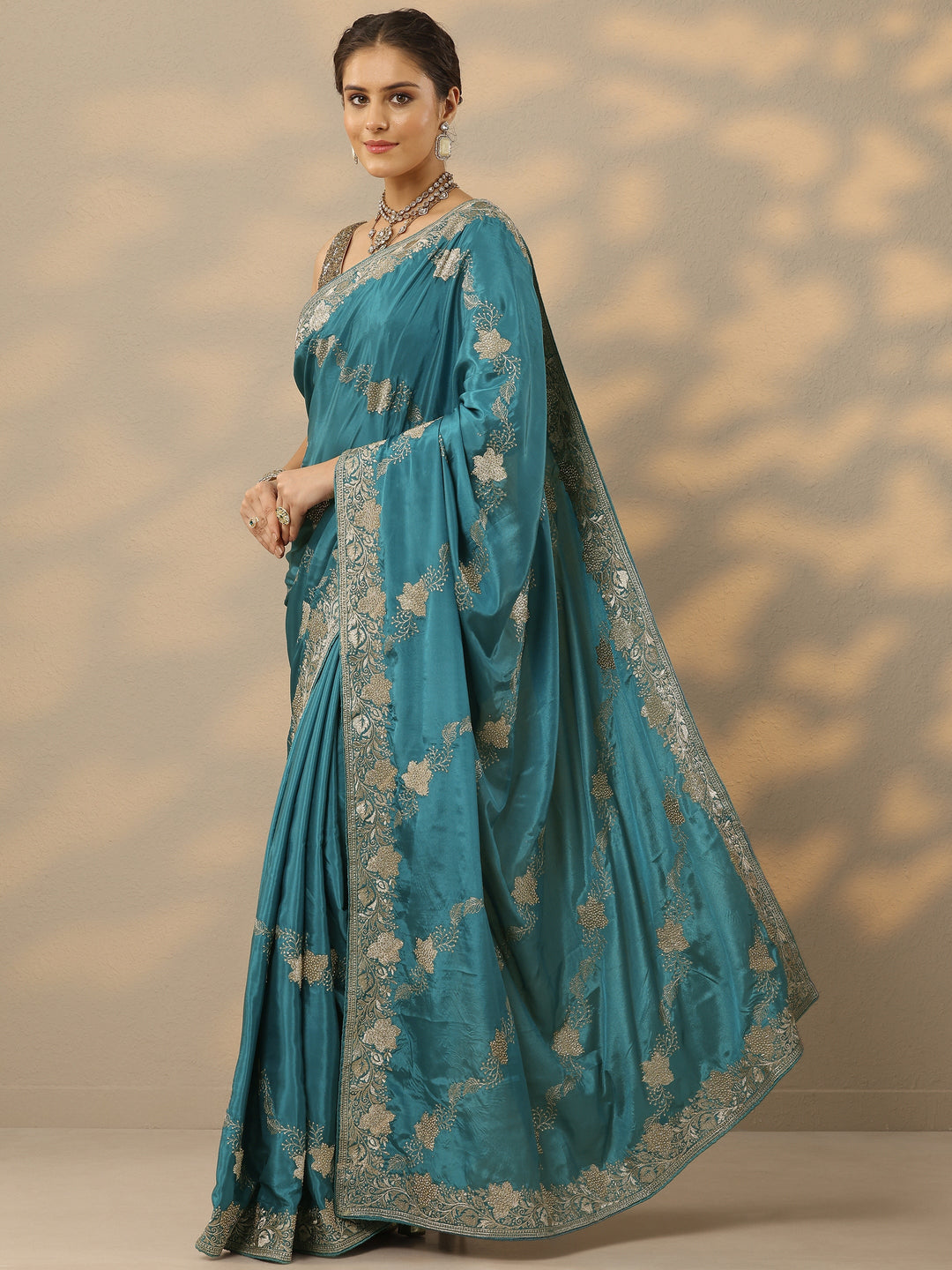  Blue Embroidered Silk Blend Saree With Unstitched Blouse Piece 