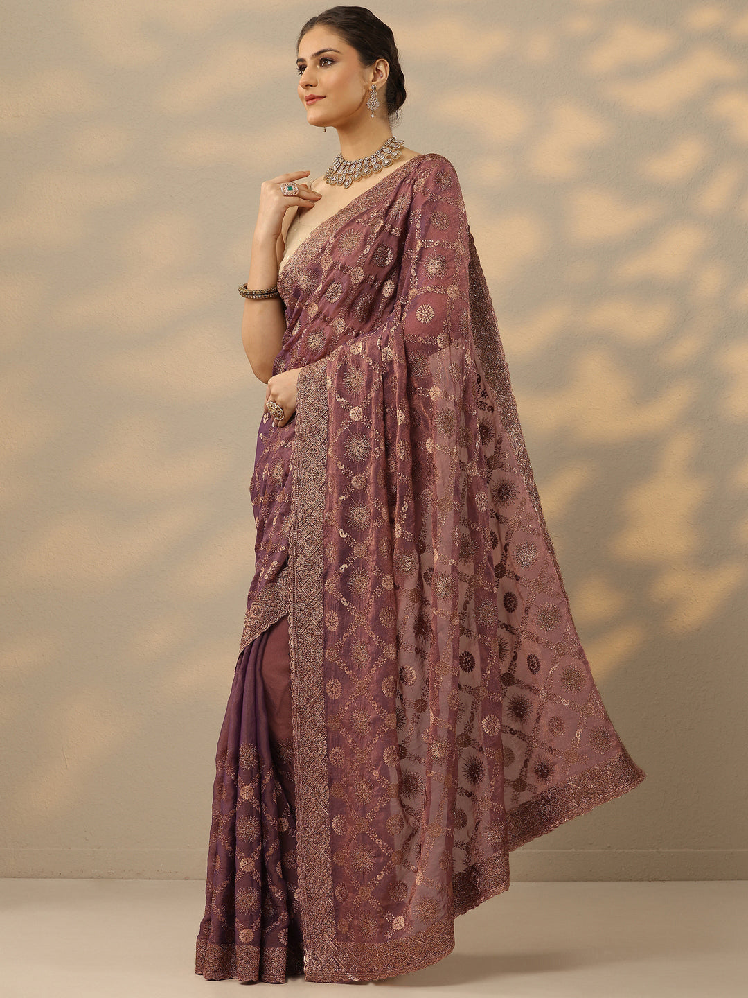  Purple Embroidered Banarasi Silk Blend Saree With Unstitched Blouse Piece 