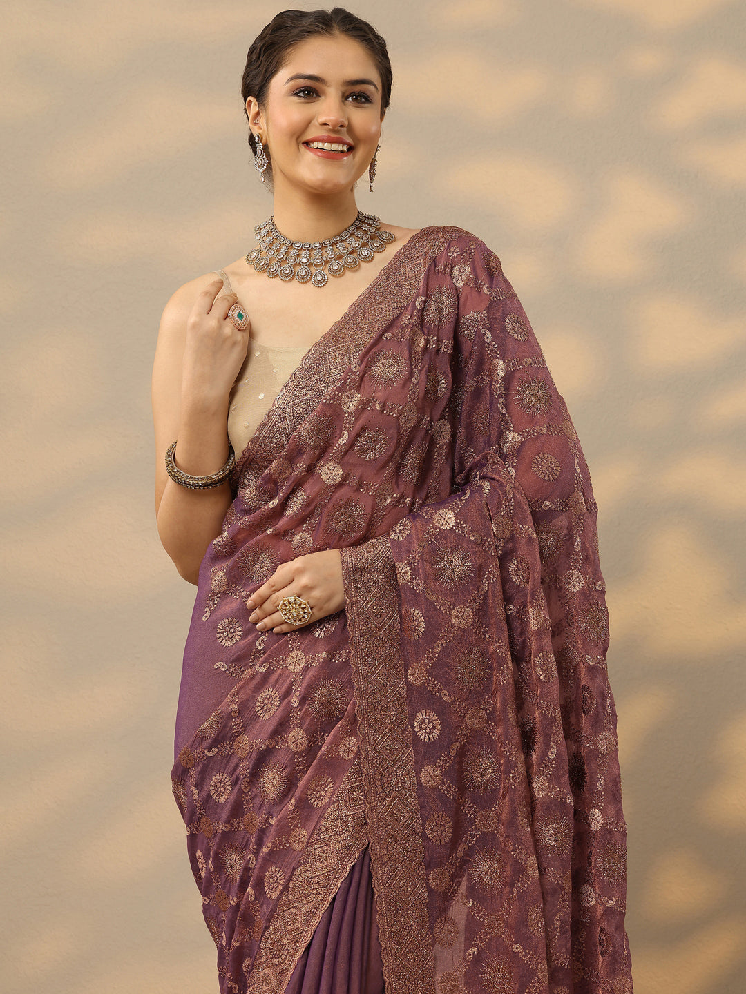 Purple Embroidered Banarasi Silk Blend Saree With Unstitched Blouse Piece