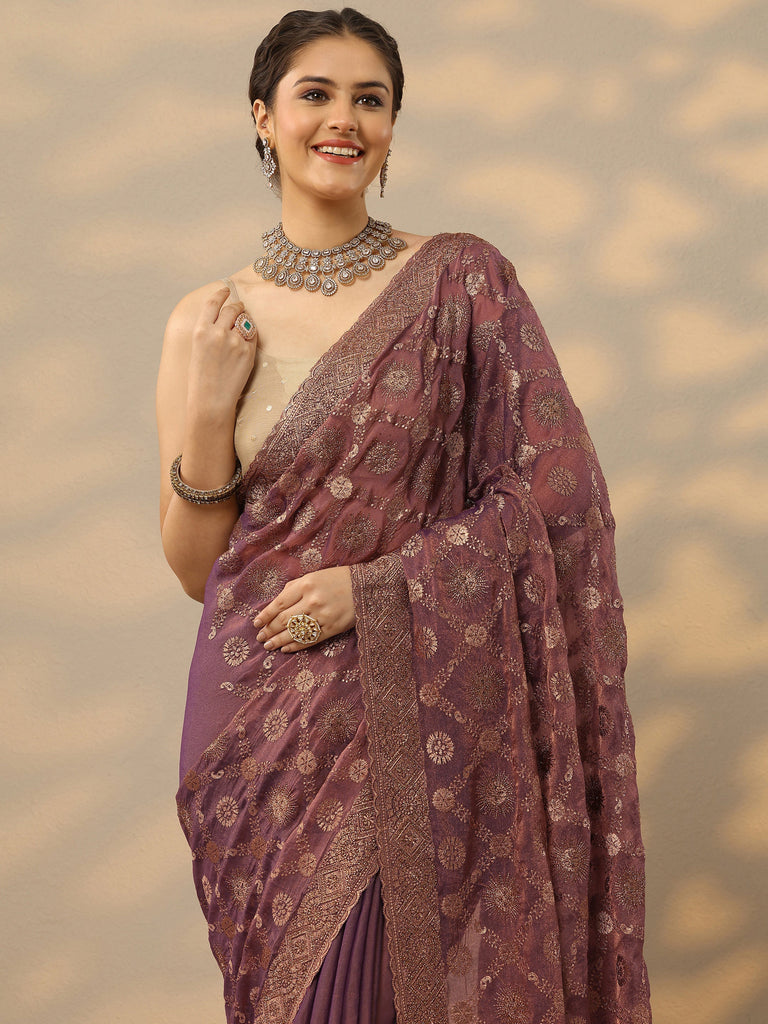 Libas Purple Embroidered Banarasi Silk Blend Saree With Unstitched Blouse Piece