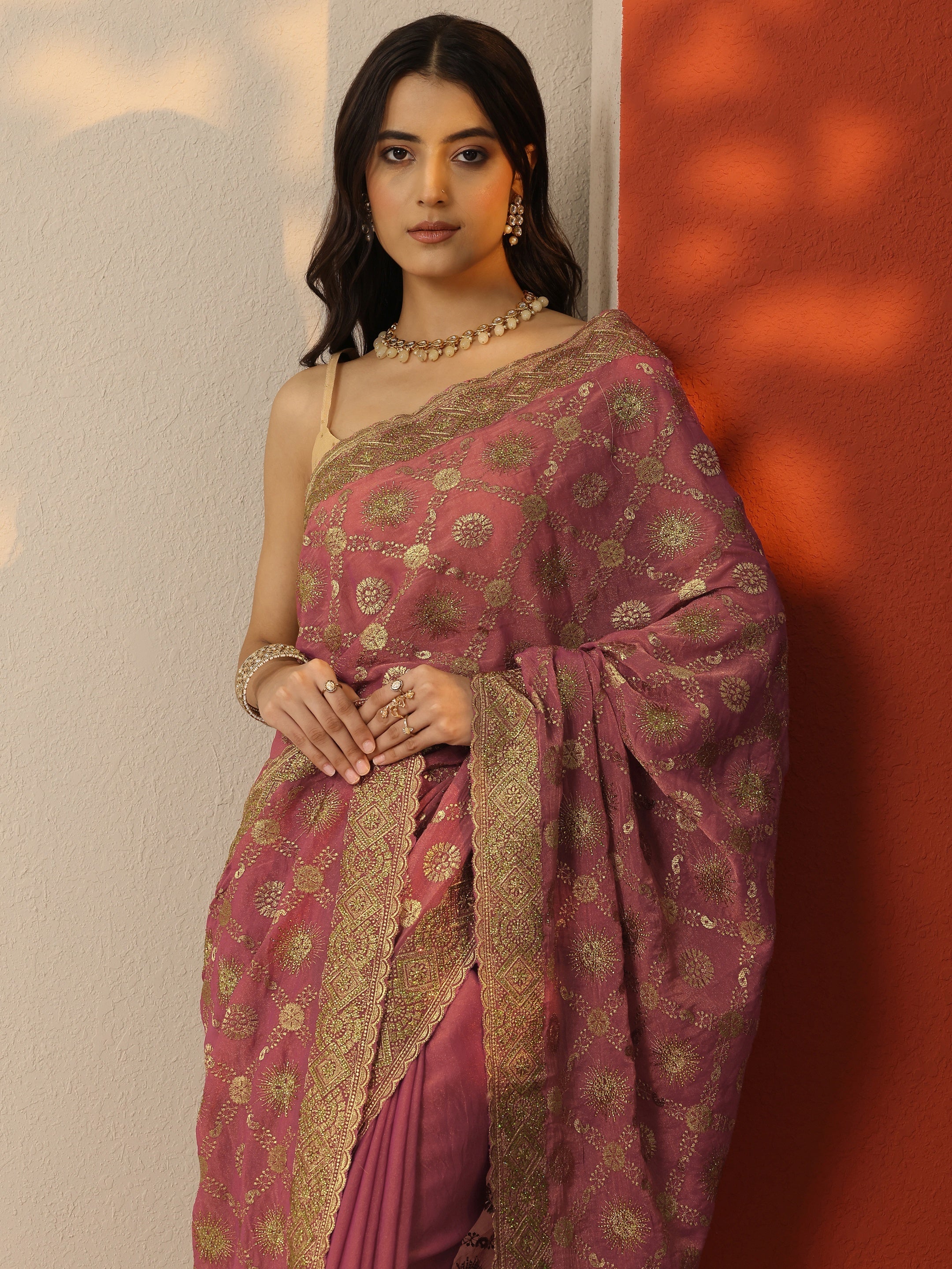 libas Pink Embroidered Banarasi Silk Blend Saree With Unstitched Blouse Piece-picture-47