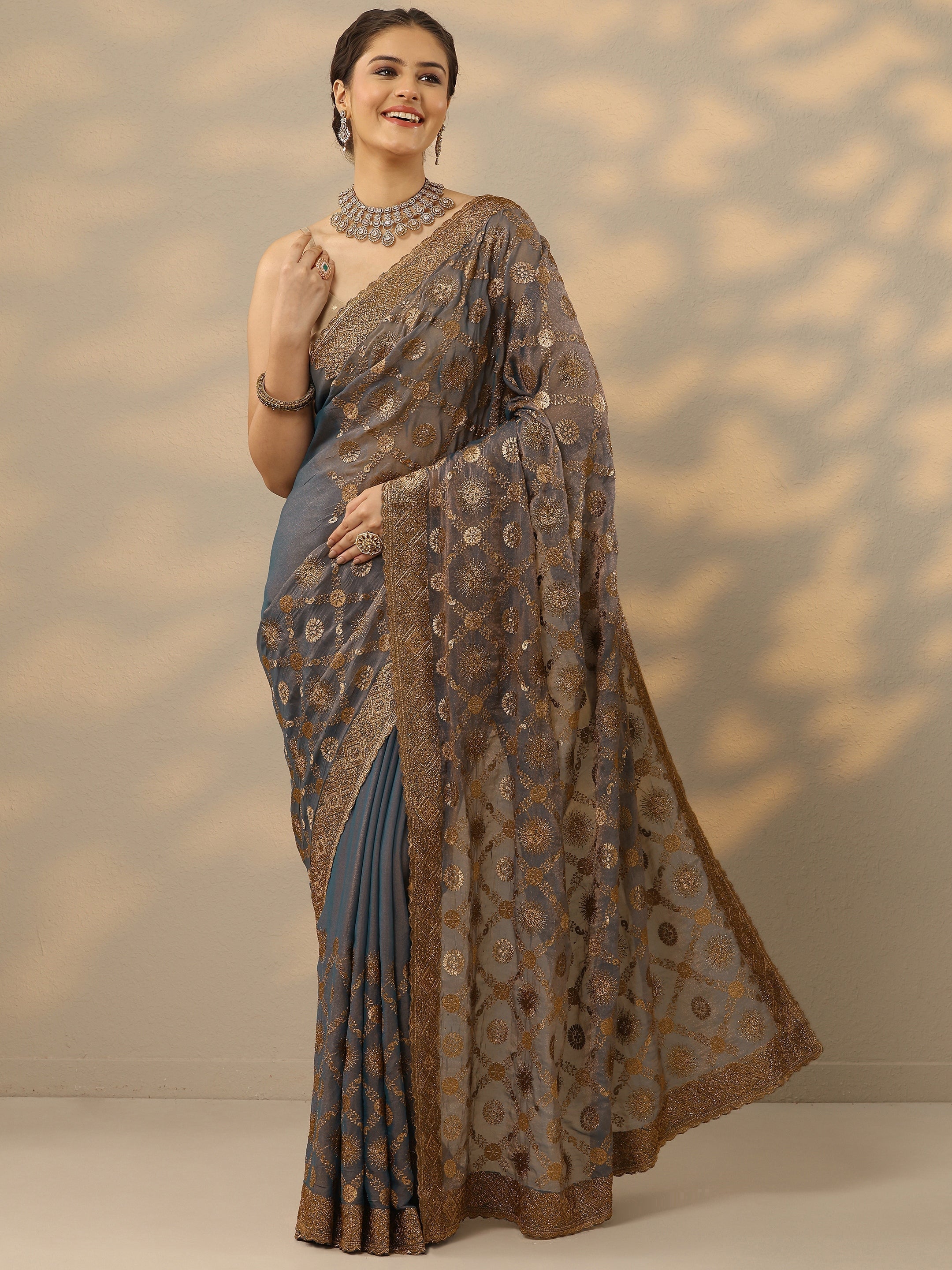 libas Blue Embroidered Banarasi Silk Blend Saree With Unstitched Blouse Piece-picture-45
