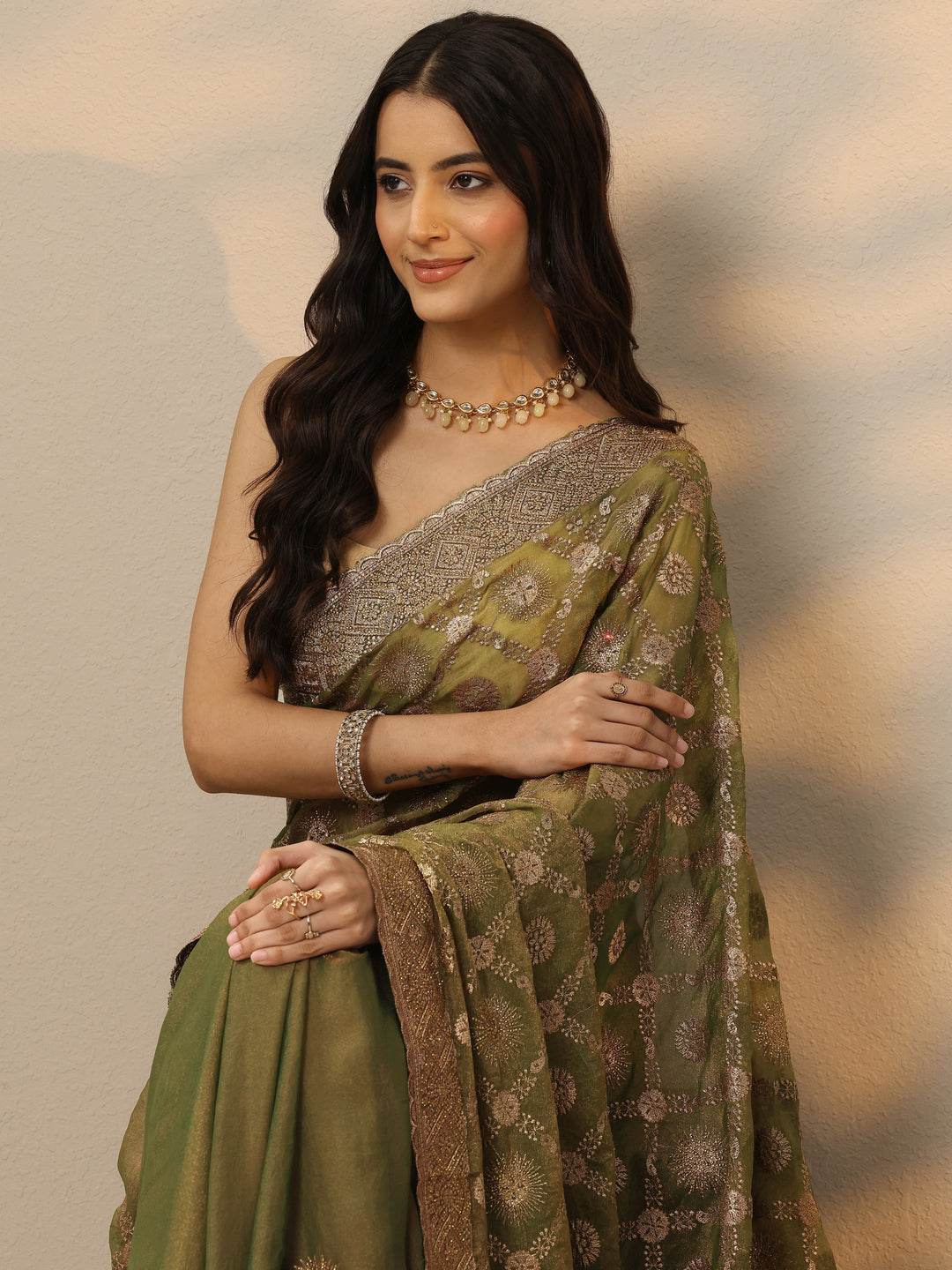  Green Embroidered Banarasi Silk Blend Saree With Unstitched Blouse Piece 