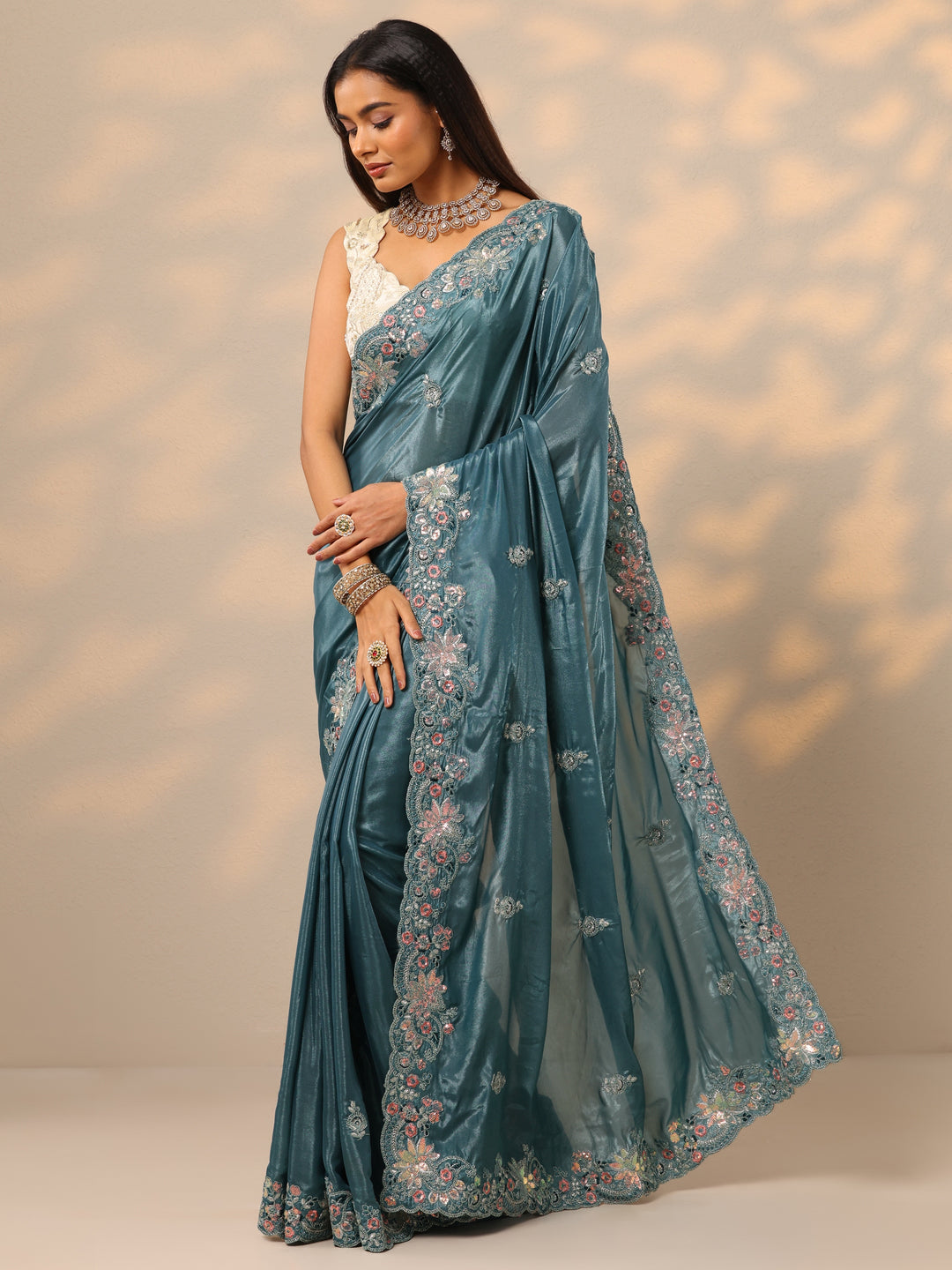  Blue Embroidered Silk blend Saree With Unstitched Blouse Piece 
