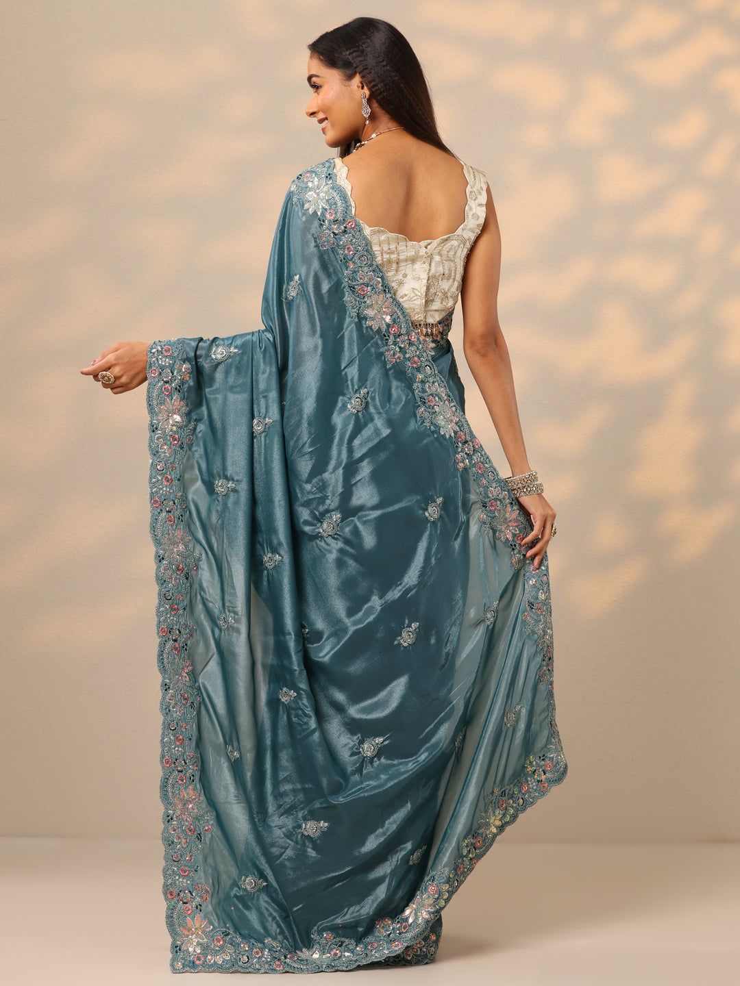  Blue Embroidered Silk blend Saree With Unstitched Blouse Piece 