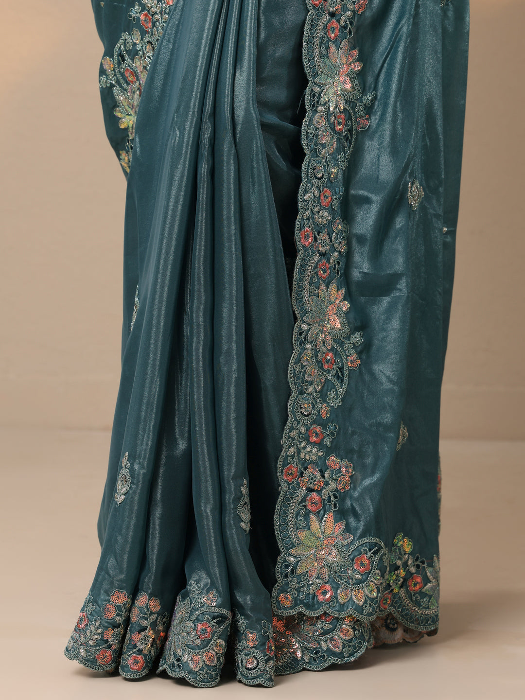  Blue Embroidered Silk blend Saree With Unstitched Blouse Piece 
