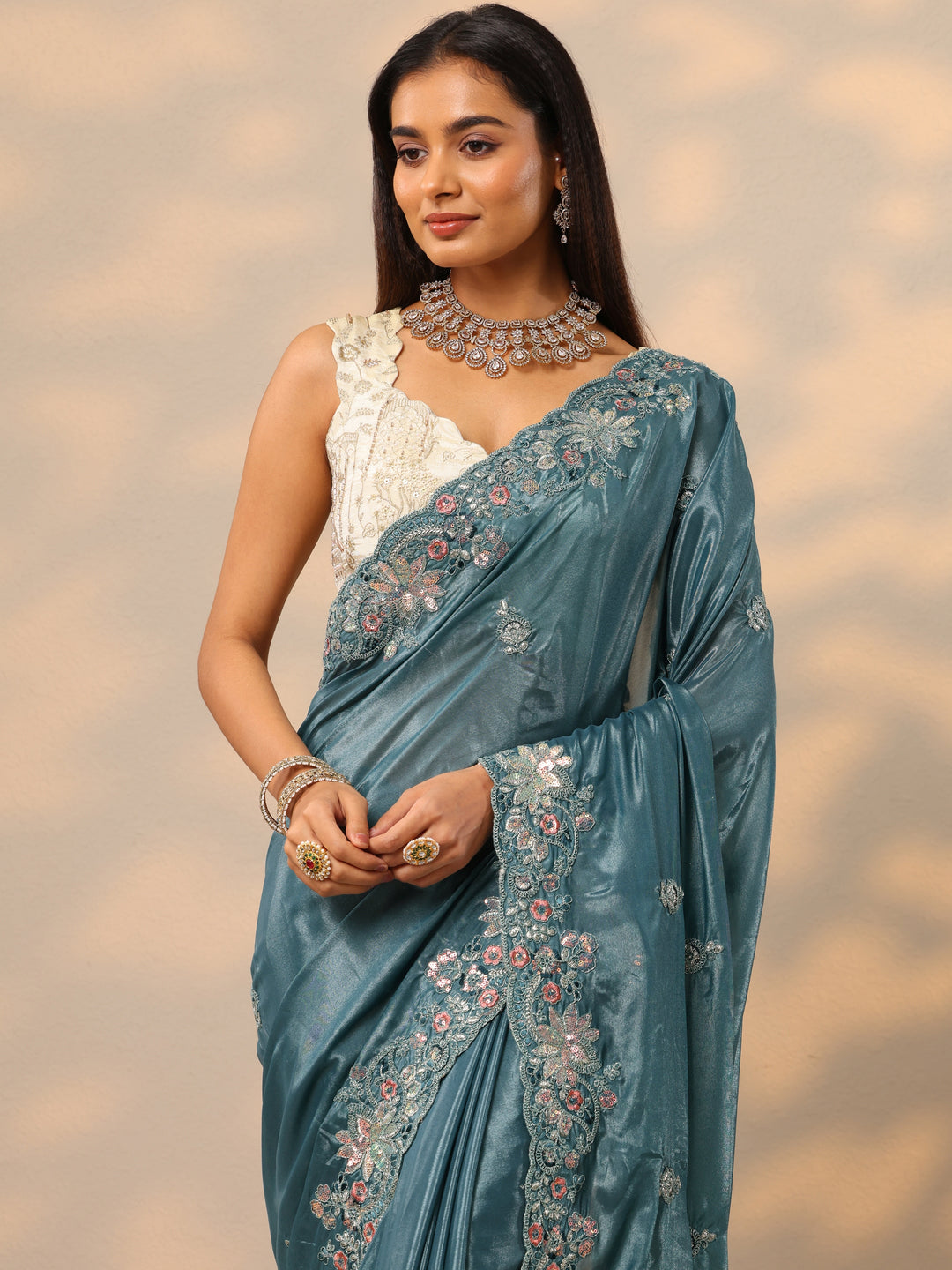  Blue Embroidered Silk blend Saree With Unstitched Blouse Piece 