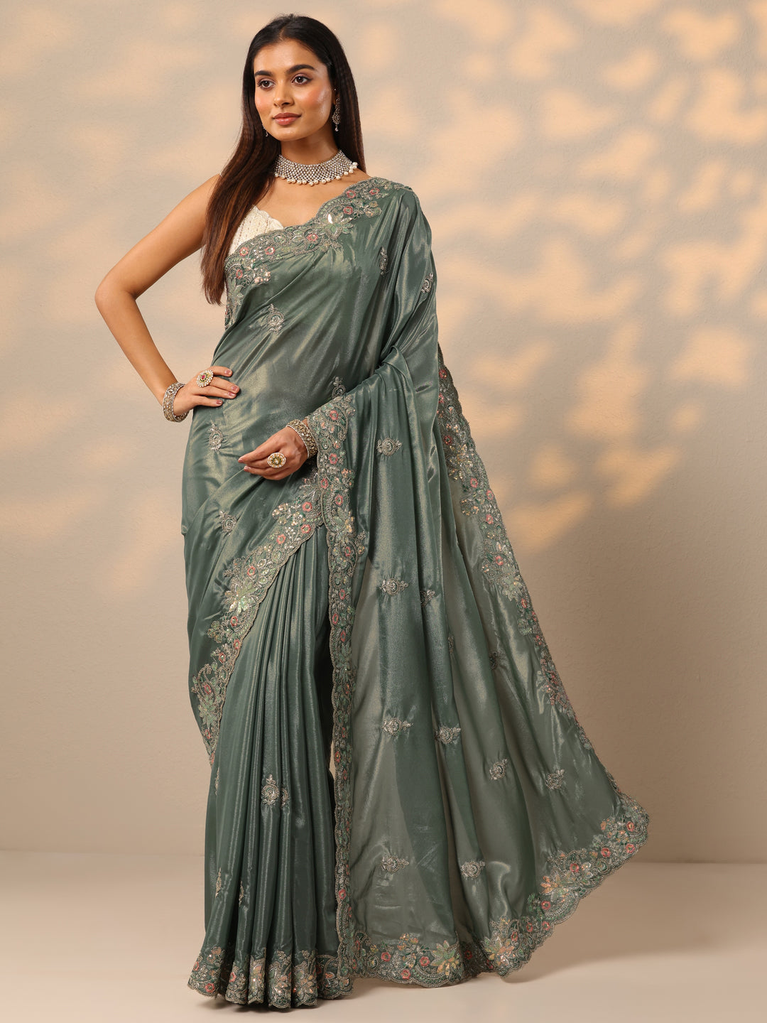  Green Embroidered Silk blend Saree With Unstitched Blouse Piece 