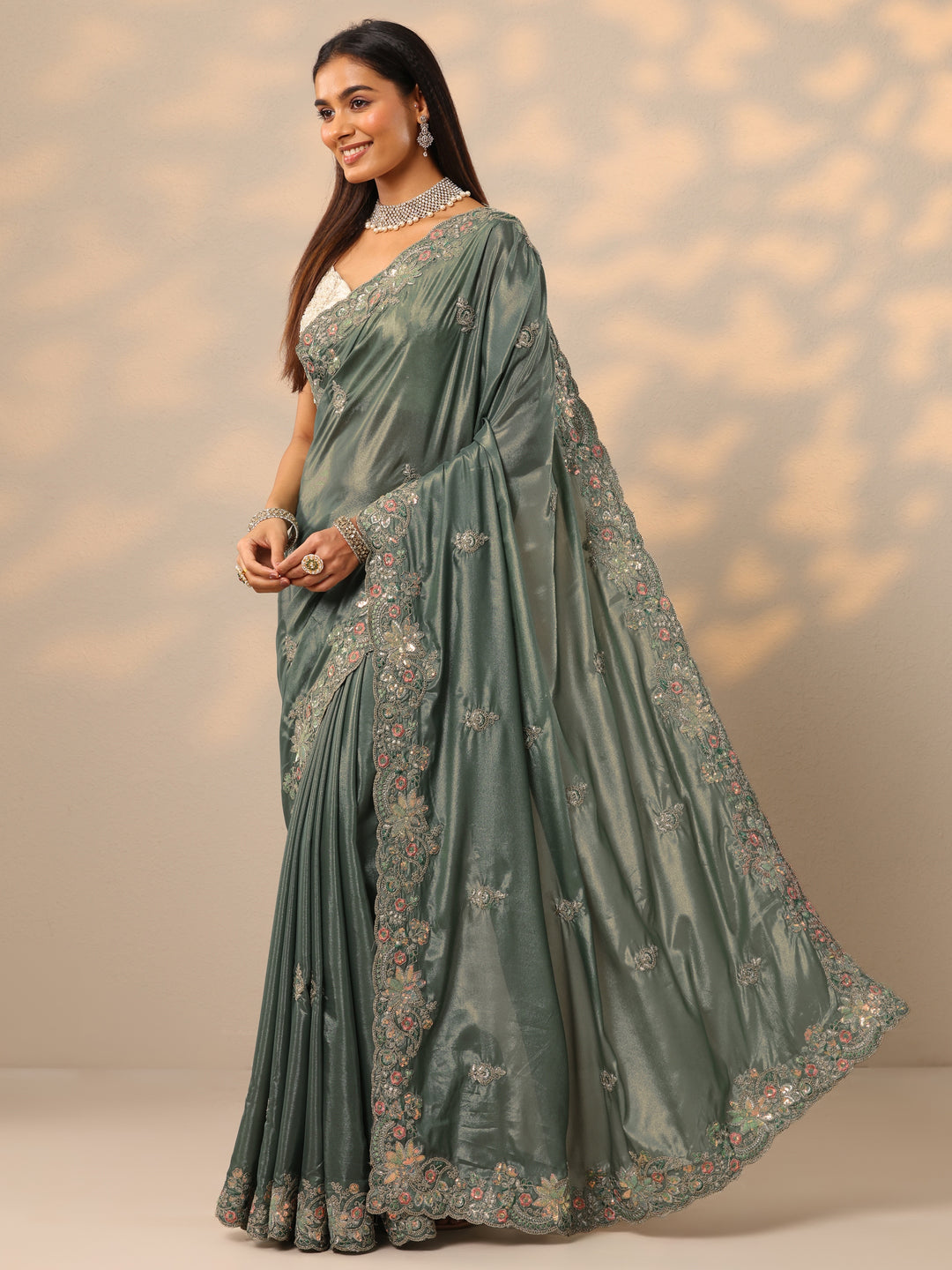 Green Embroidered Silk blend Saree With Unstitched Blouse Piece 