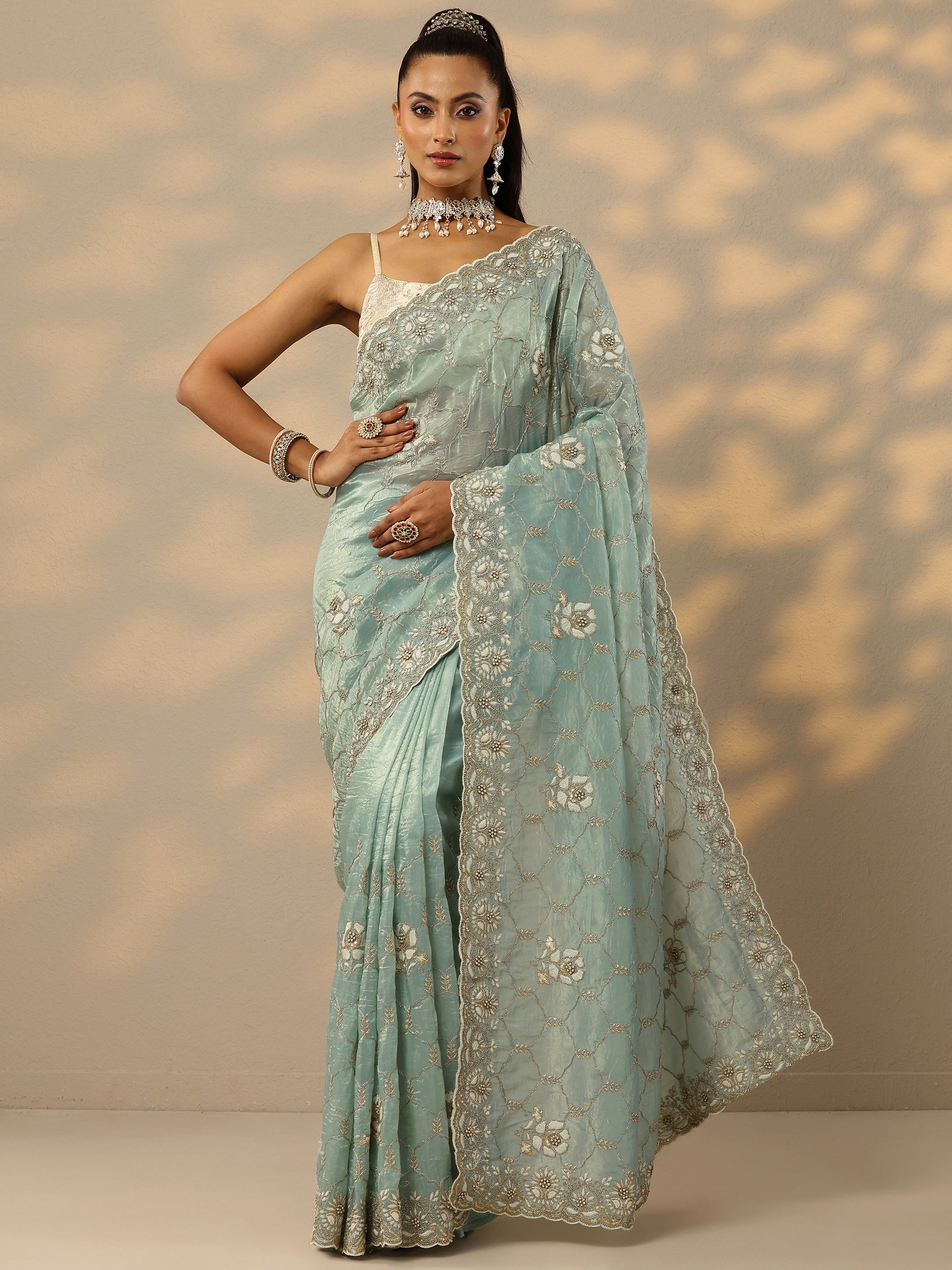 libas Green Embroidered Organza Saree With Unstitched Blouse Piece-picture-49