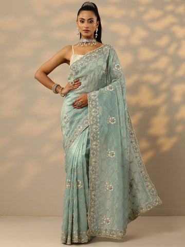 Green Embroidered Organza Saree With Unstitched Blouse Piece