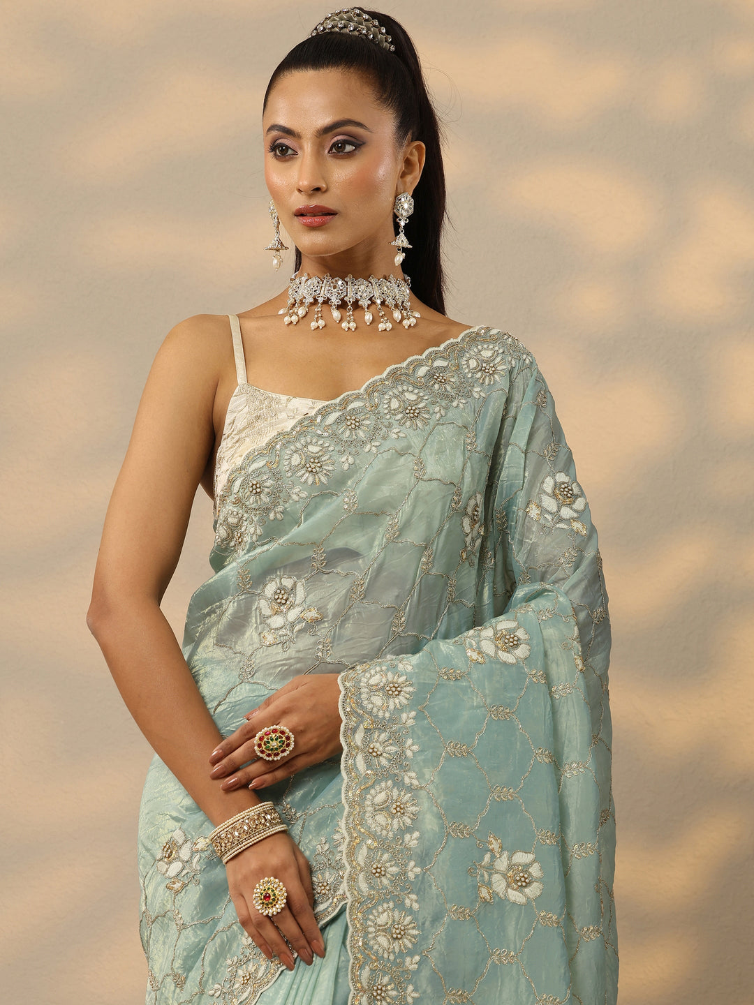  Green Embroidered Organza Saree With Unstitched Blouse Piece 