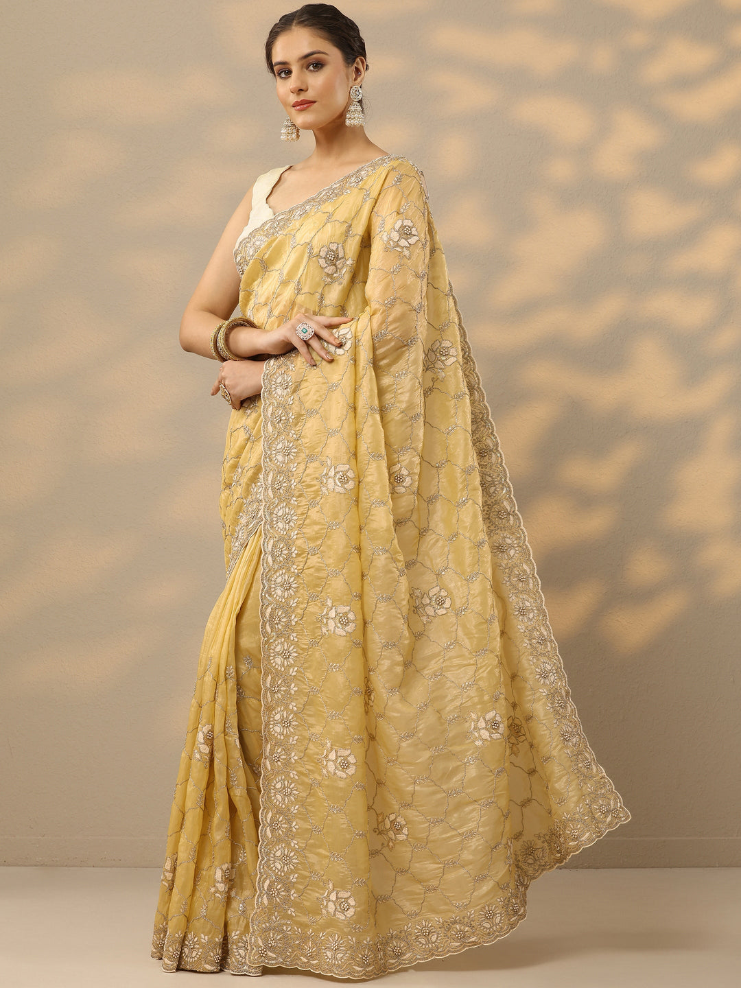  Yellow Embroidered Organza Saree With Unstitched Blouse Piece 