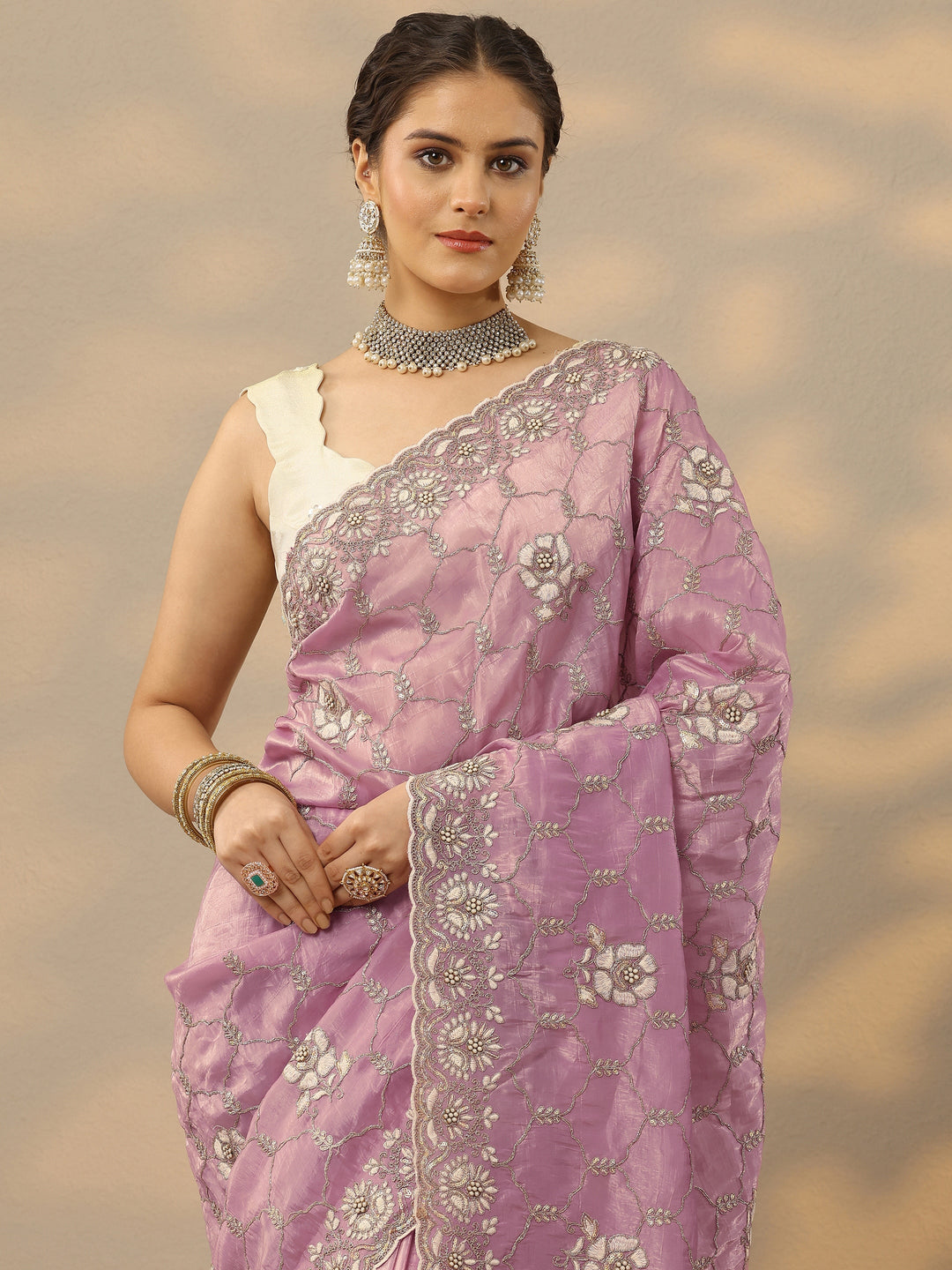  Pink Embroidered Organza Saree With Unstitched Blouse Piece 