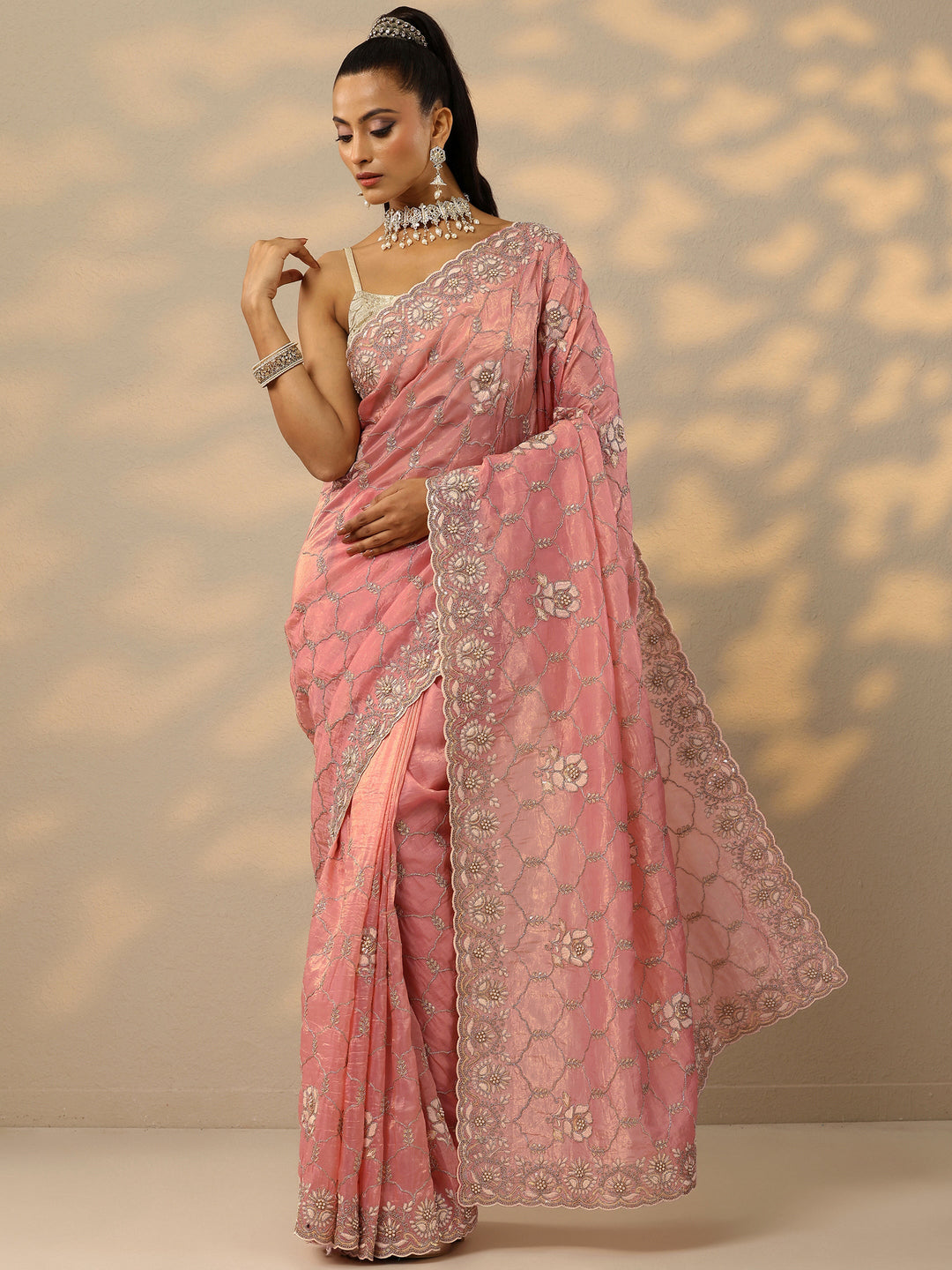  Peach Embroidered Organza Saree With Unstitched Blouse Piece 
